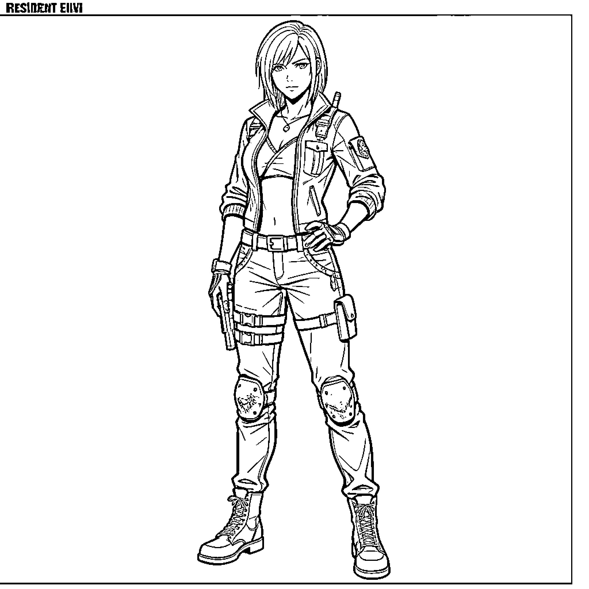 Excella: Confident Warrior in Tactical Gear Coloring Page (free black-and-white line drawing printable PDF for all, from beginners to advanced learners, including children, teens, adults, and seniors)