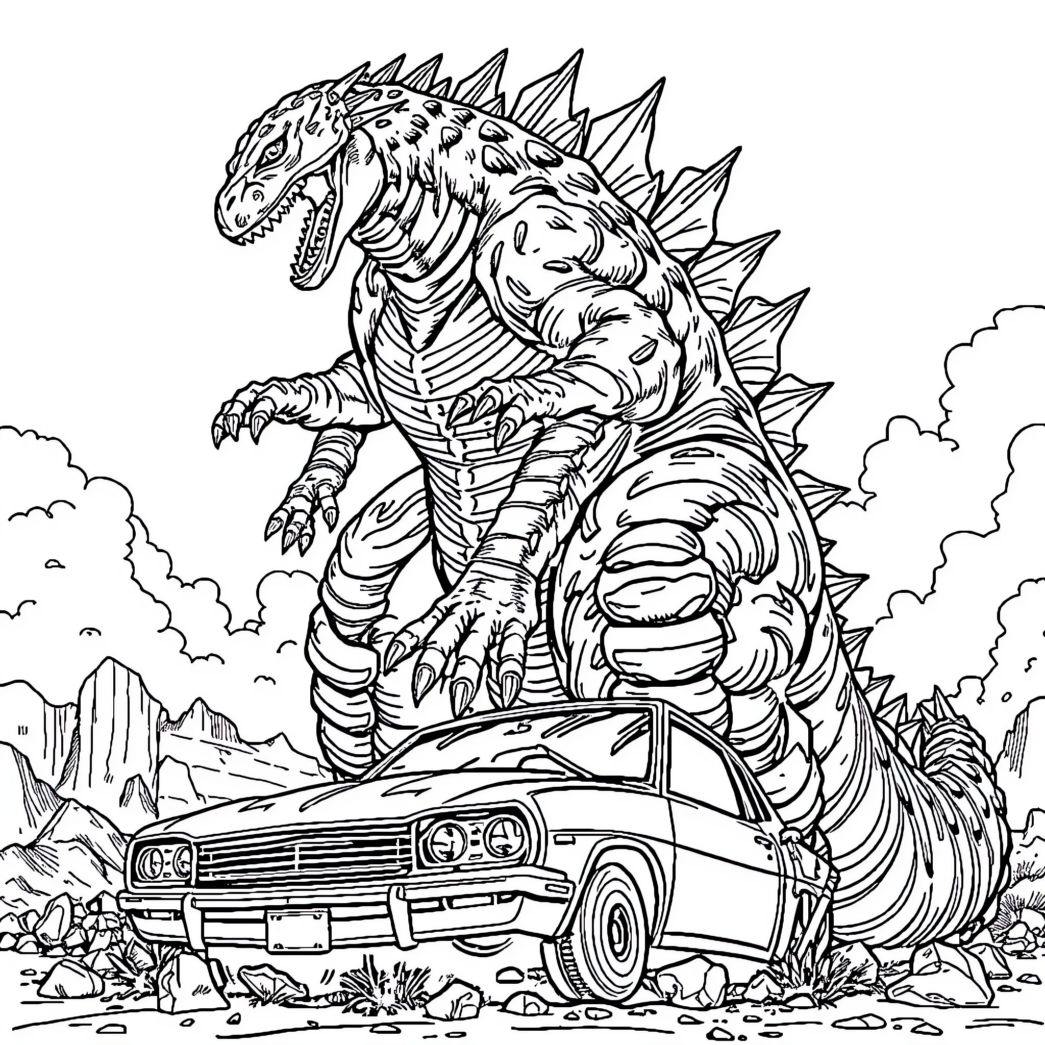Godzilla stomping on a vintage car in a rugged landscape Coloring Page (free black-and-white line drawing printable PDF for all, from beginners to advanced learners, including children, teens, adults, and seniors)