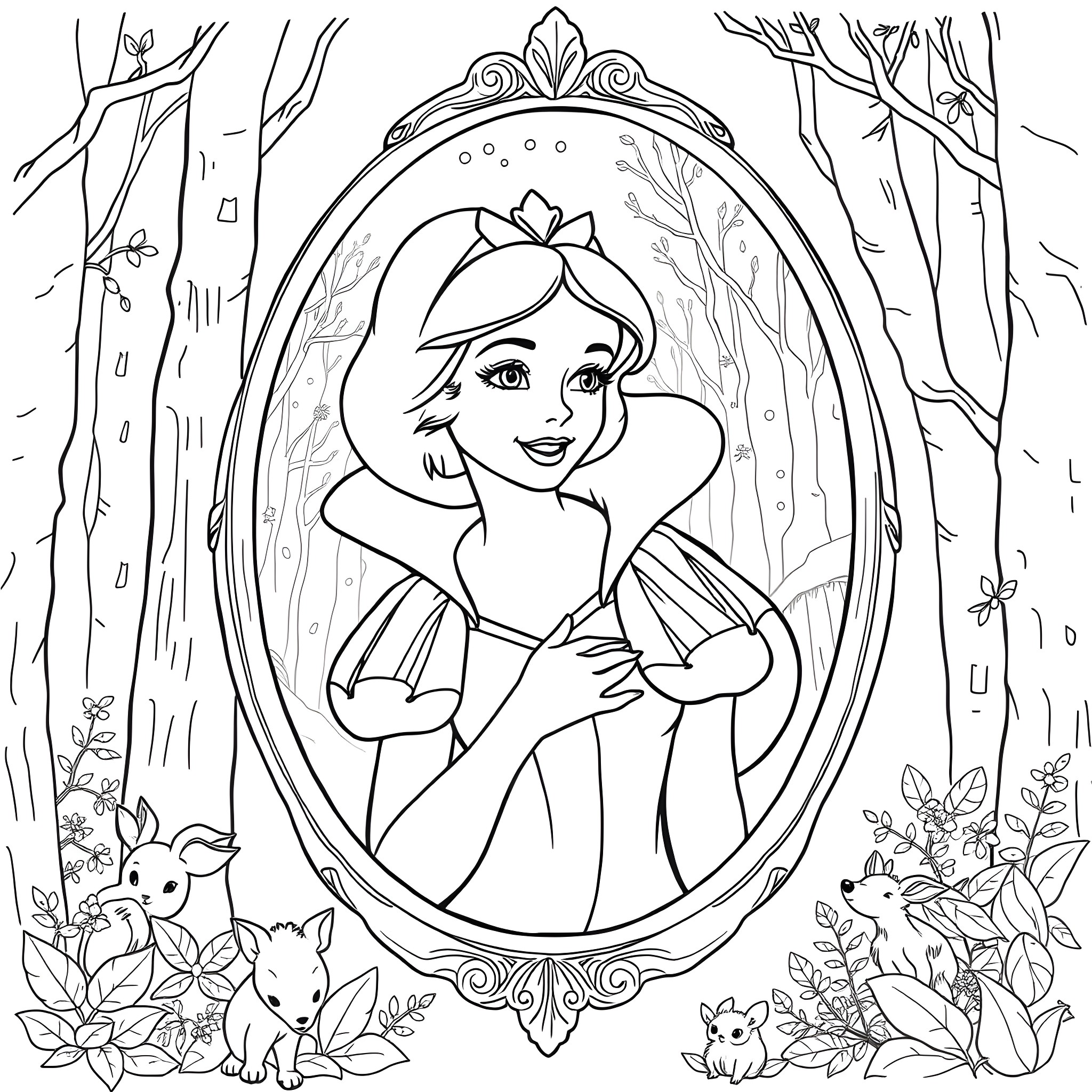 Snow White in the enchanted forest Coloring Page (free black-and-white line drawing printable PDF for all, from beginners to advanced learners, including children, teens, adults, and seniors)