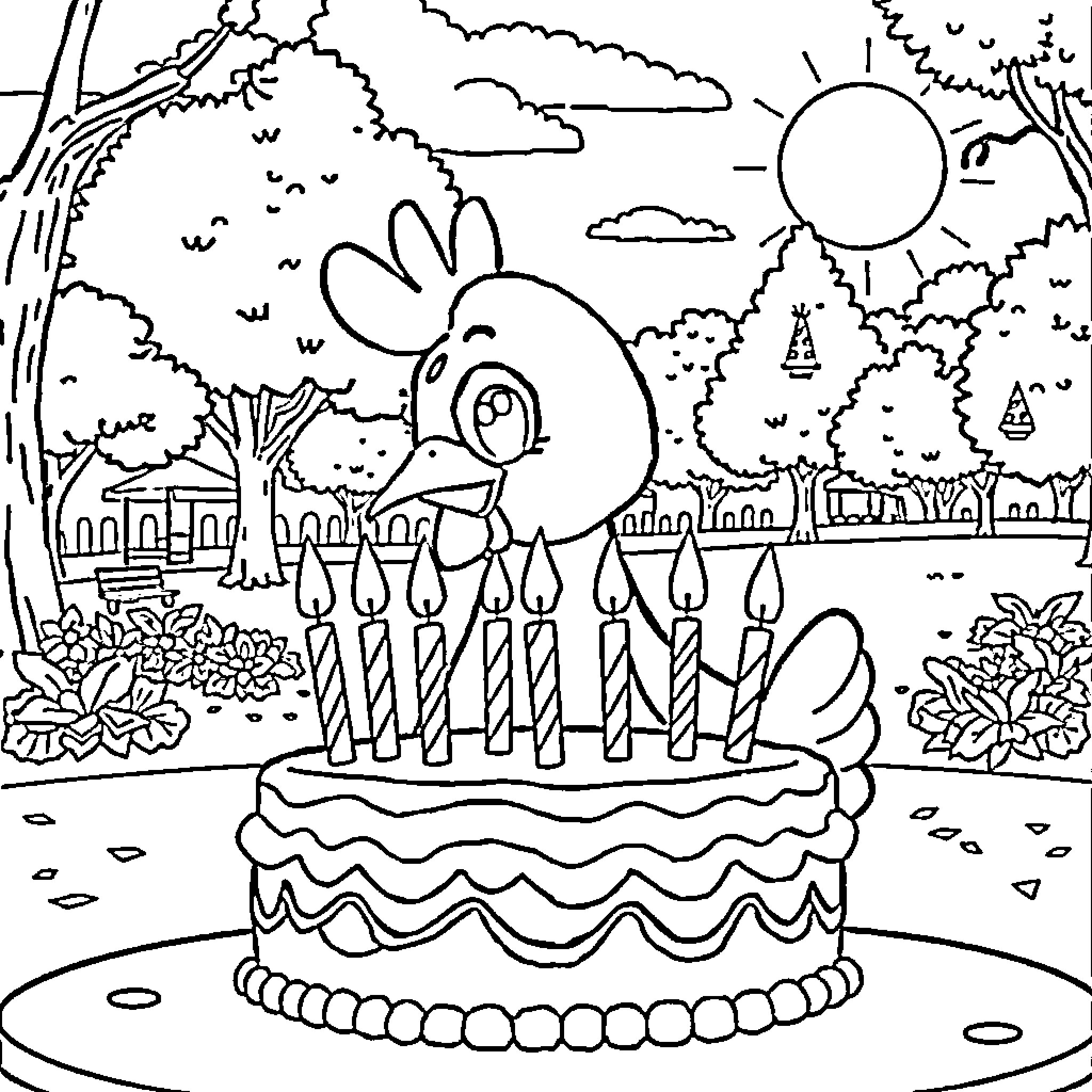 Chicken celebrating a birthday party in a scenic outdoor setting Coloring Page (free black-and-white line drawing printable PDF for all, from beginners to advanced learners, including children, teens, adults, and seniors)