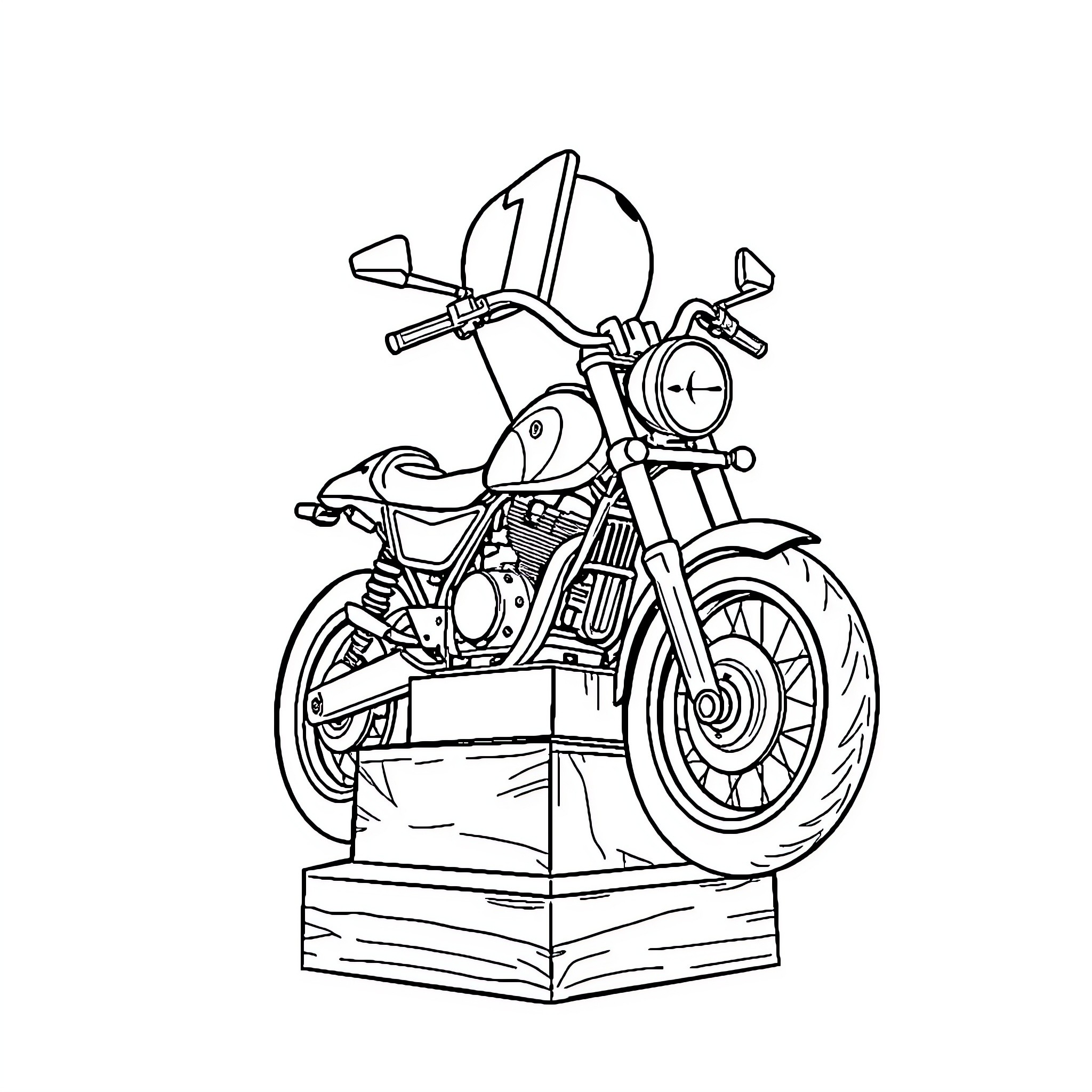 Motorcycle on display with stylized design Coloring Page (free black-and-white line drawing printable PDF for all, from beginners to advanced learners, including children, teens, adults, and seniors)