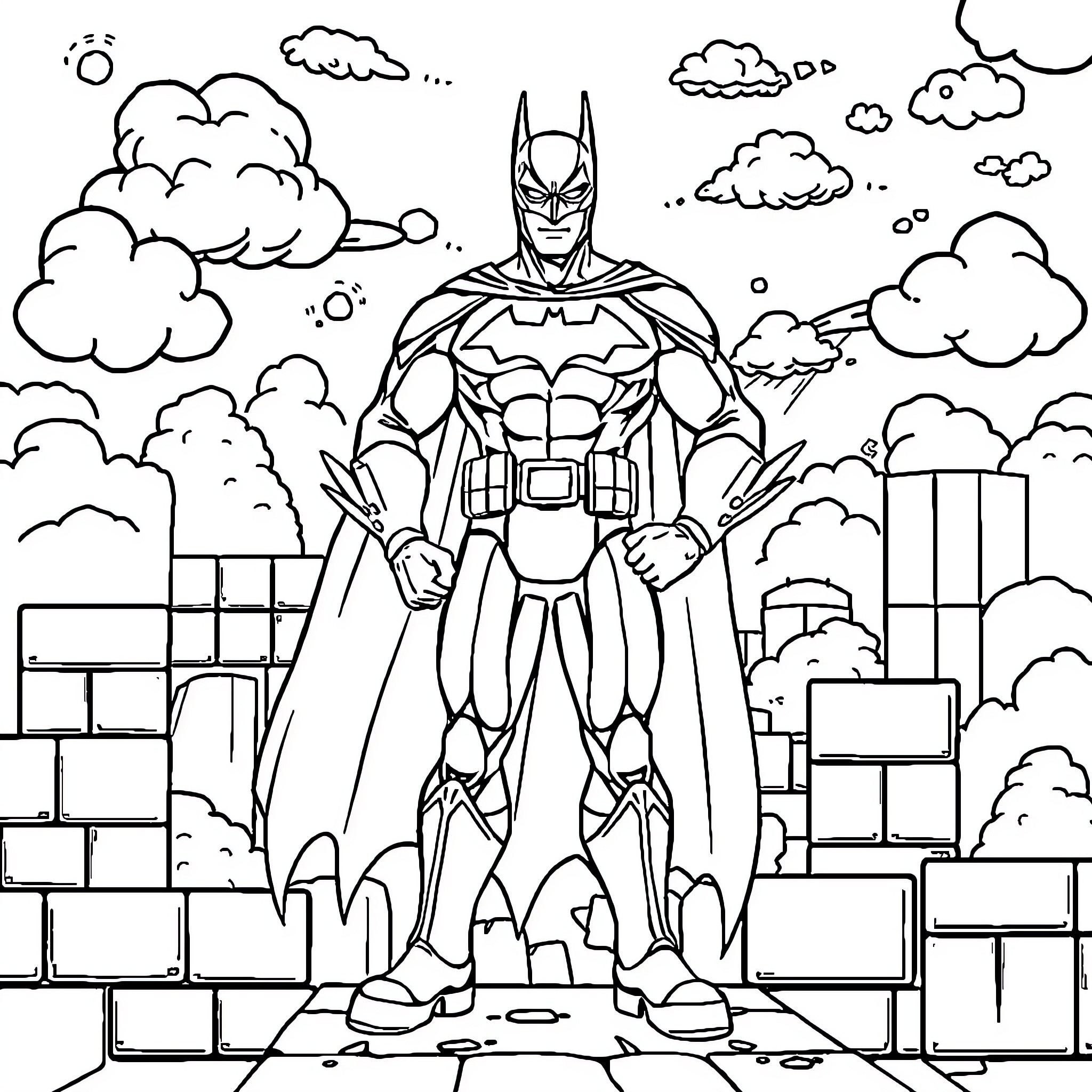 Batman fighting crime in the city Coloring Page (free black-and-white line drawing printable PDF for all, from beginners to advanced learners, including children, teens, adults, and seniors)