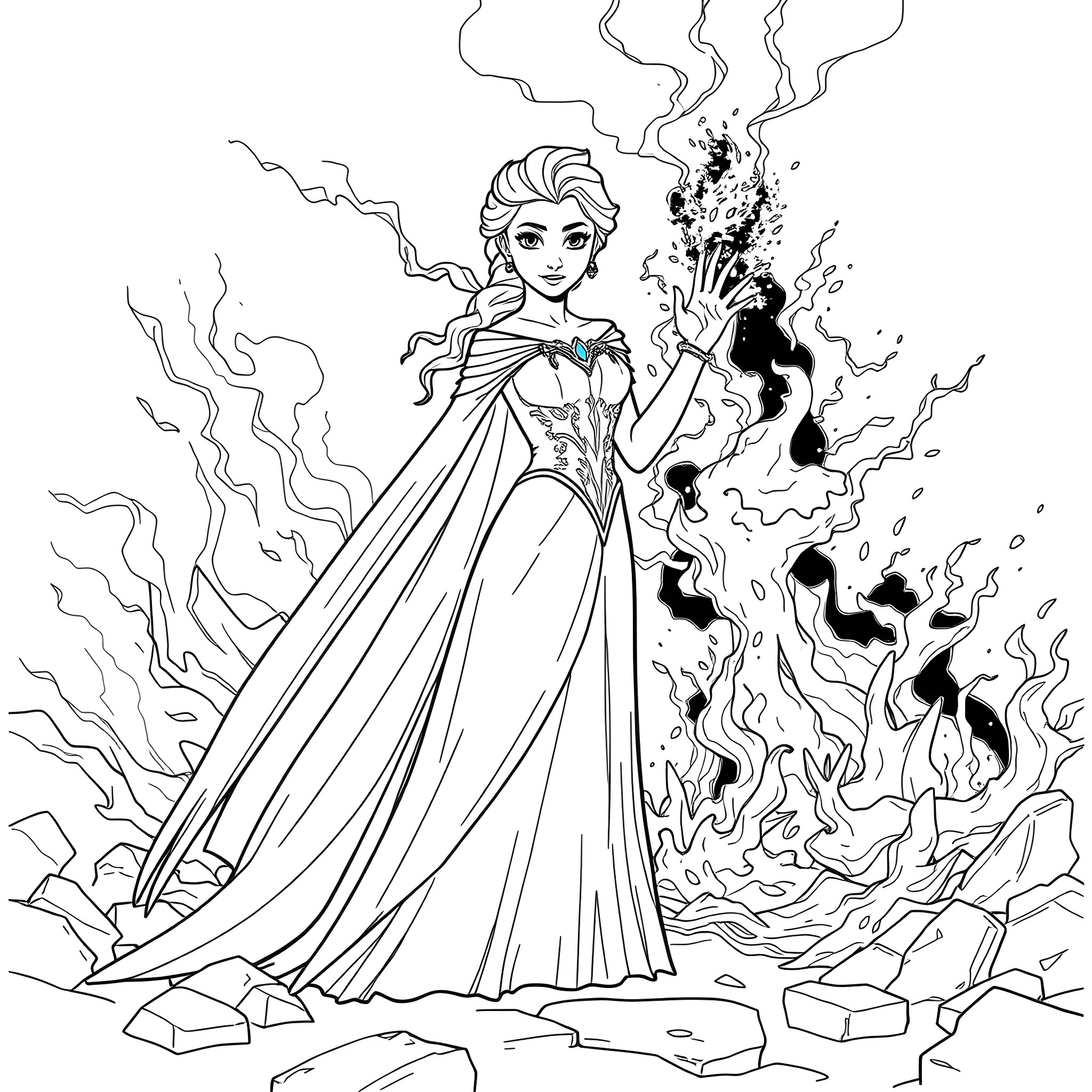 Elsa's Enchanting Powers Coloring Page (free black-and-white line drawing printable PDF for all, from beginners to advanced learners, including children, teens, adults, and seniors)