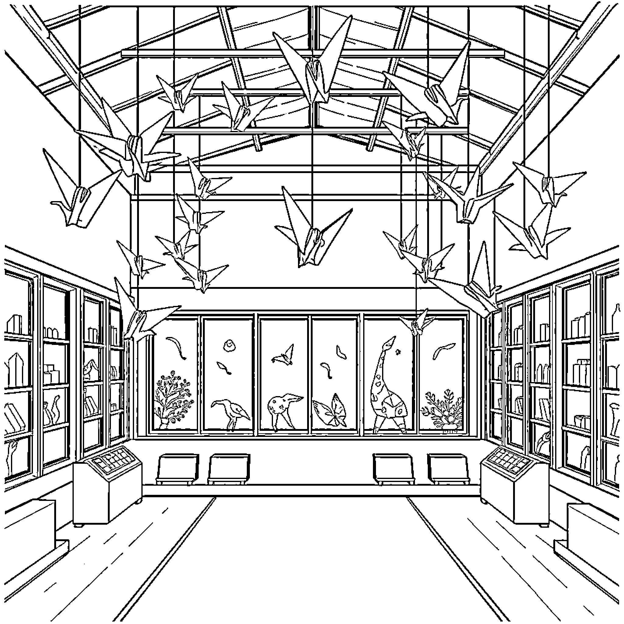 Origami birds soar in modern architectural space Coloring Page (free black-and-white line drawing printable PDF for all, from beginners to advanced learners, including children, teens, adults, and seniors)
