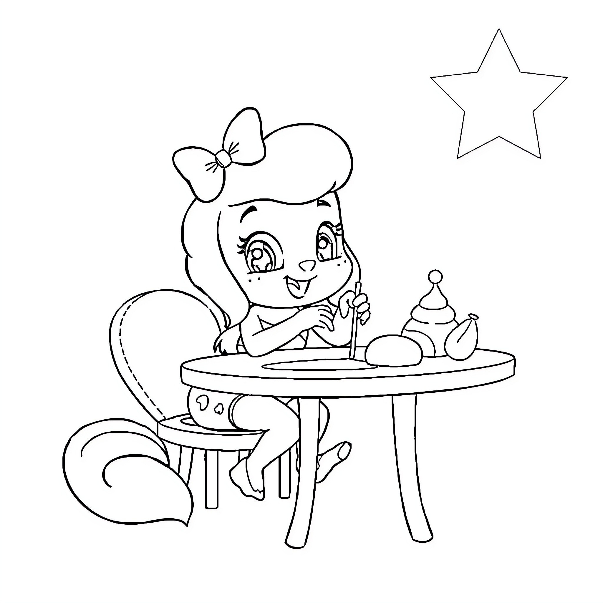 Stella's Playtime with Toys and Decor Coloring Page (free black-and-white line drawing printable PDF for all, from beginners to advanced learners, including children, teens, adults, and seniors)
