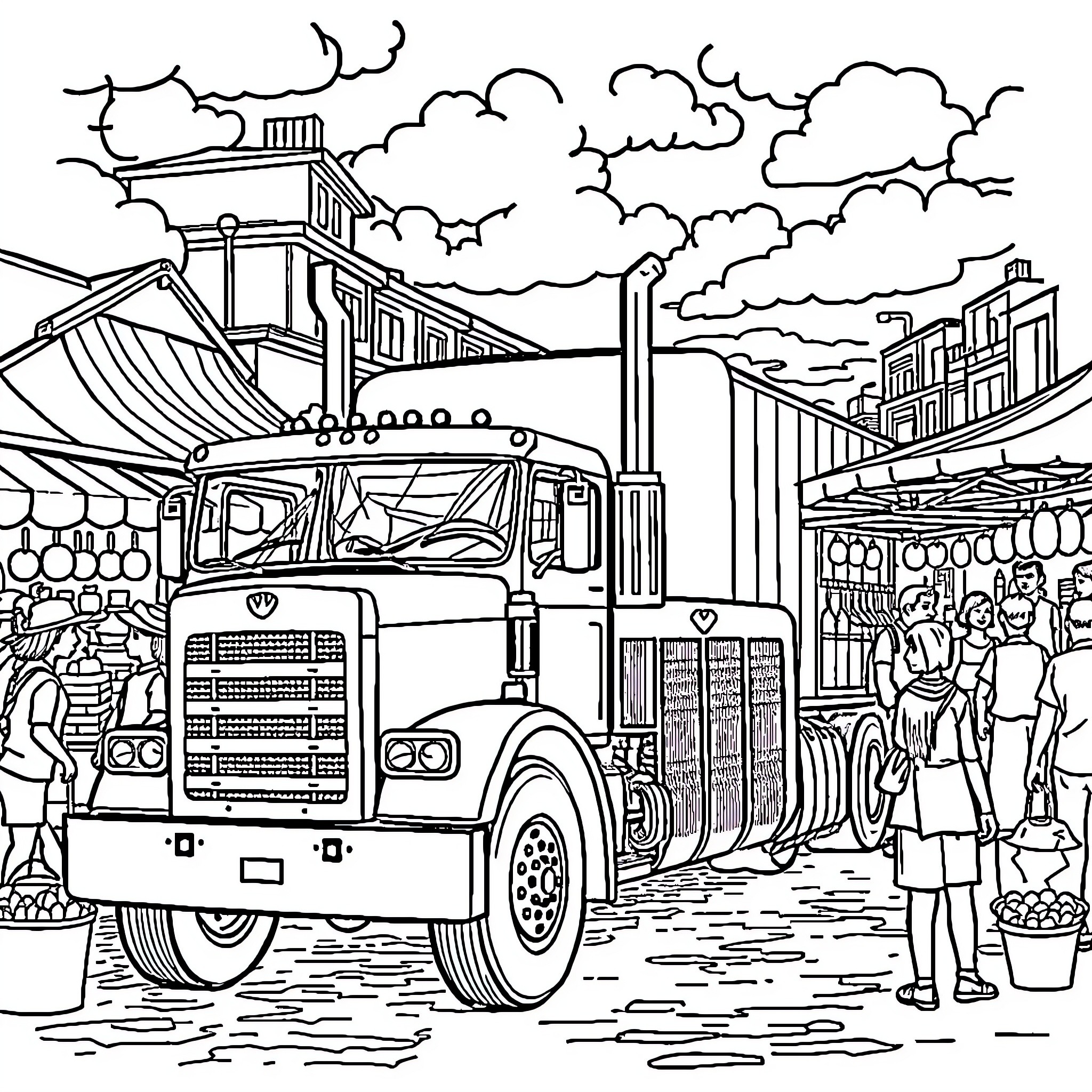 Truck Transporting Goods Through the Bustling City Coloring Page (free black-and-white line drawing printable PDF for all, from beginners to advanced learners, including children, teens, adults, and seniors)