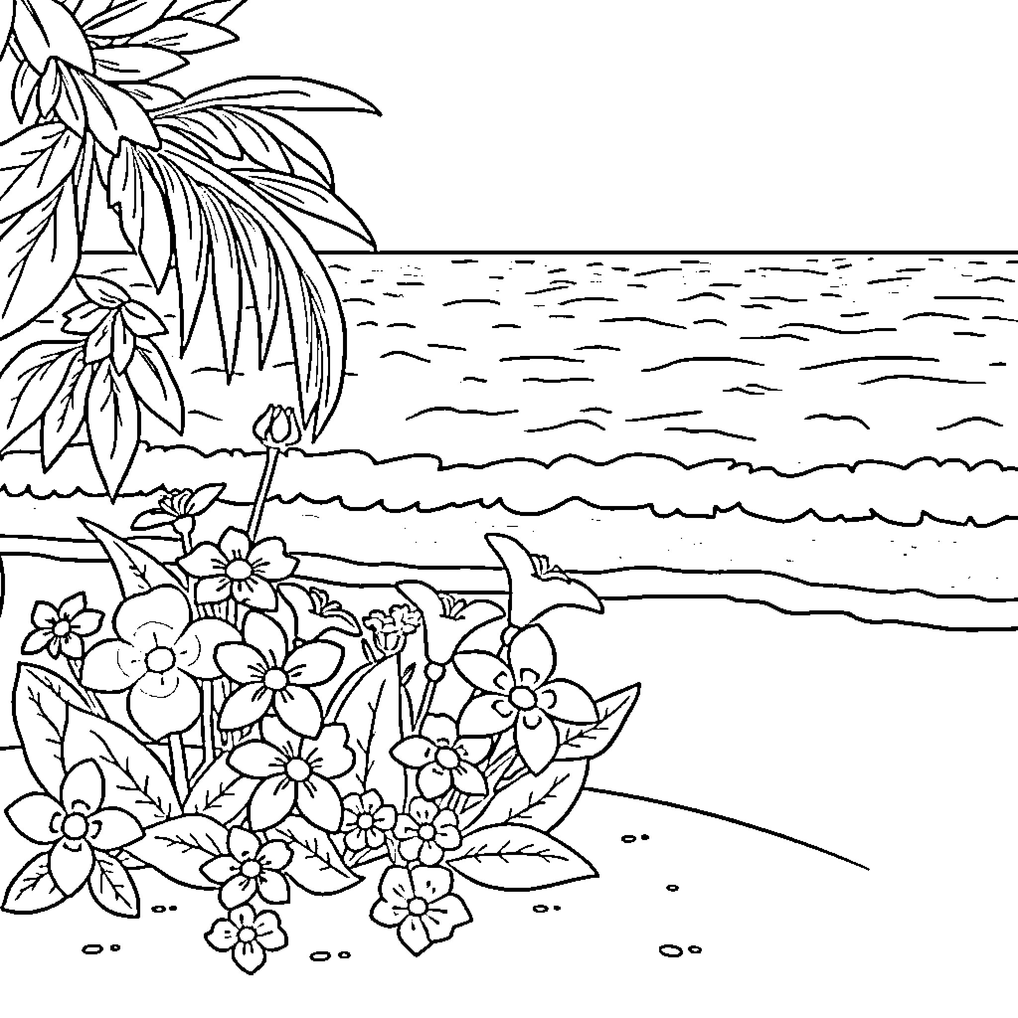 Flower Bouquet on Tropical Beach Coloring Page (free black-and-white line drawing printable PDF for all, from beginners to advanced learners, including children, teens, adults, and seniors)