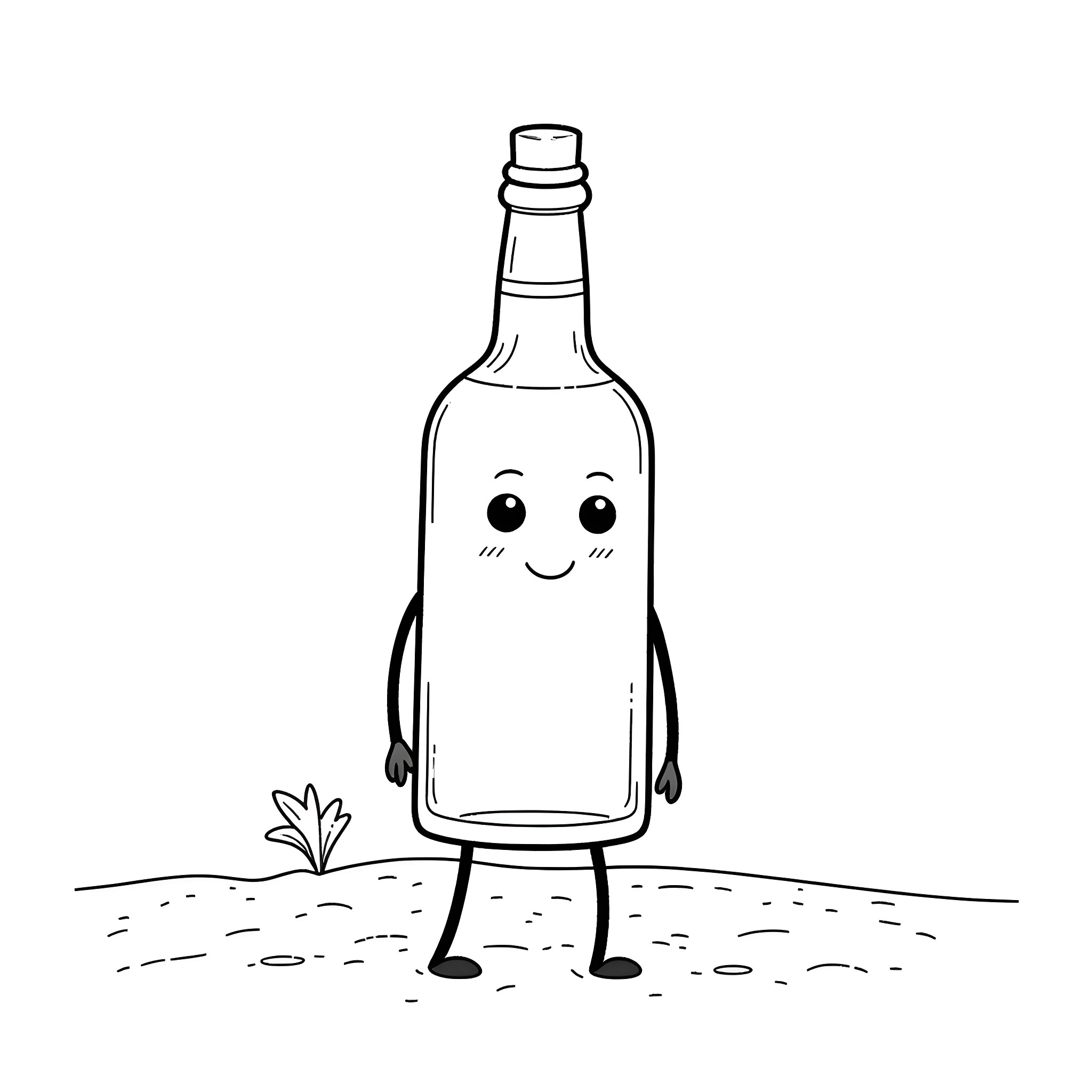 Alcohol Bottle with Cheerful Expression Coloring Page (free black-and-white line drawing printable PDF for all, from beginners to advanced learners, including children, teens, adults, and seniors)