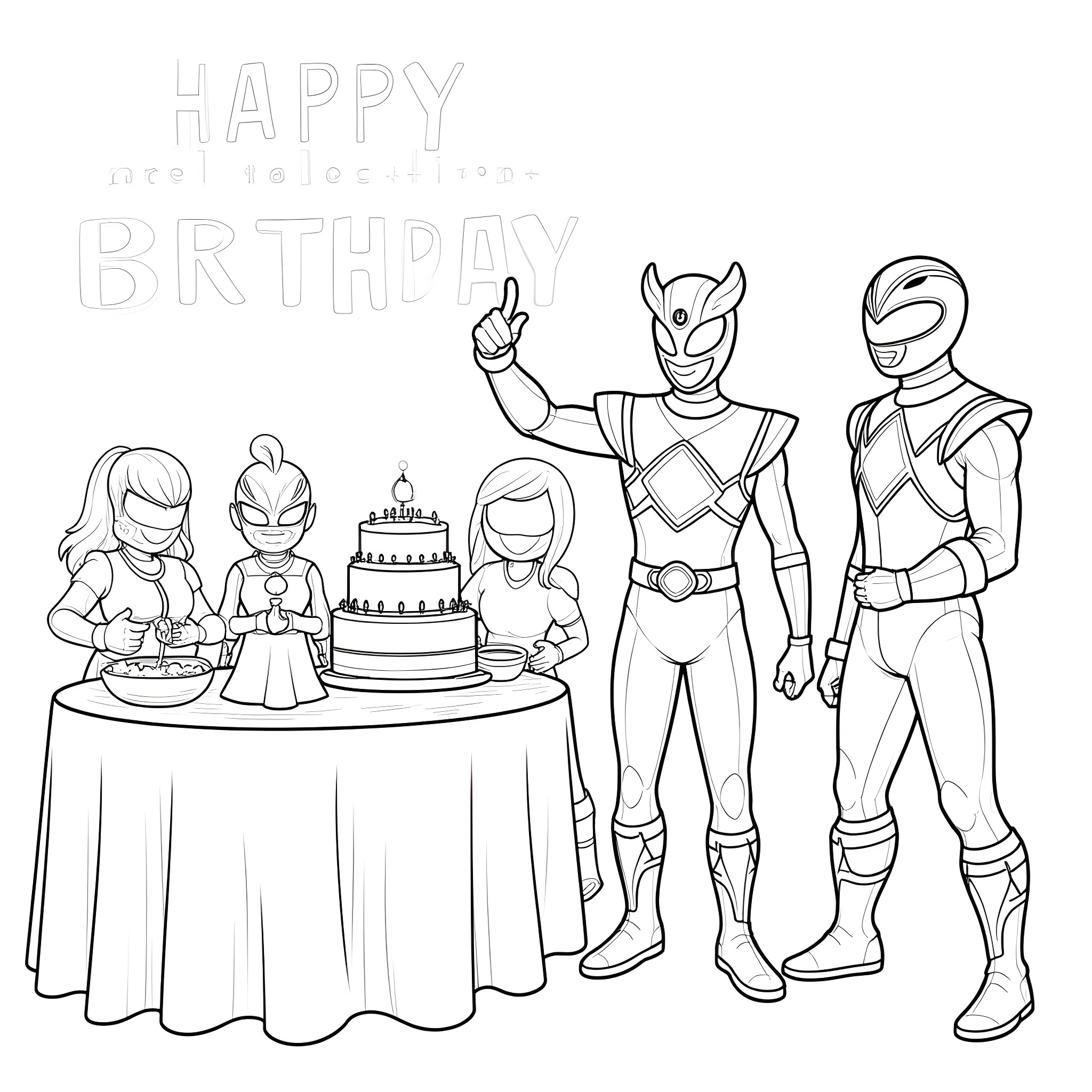 Power Rangers celebrating a birthday party Coloring Page (free black-and-white line drawing printable PDF for all, from beginners to advanced learners, including children, teens, adults, and seniors)