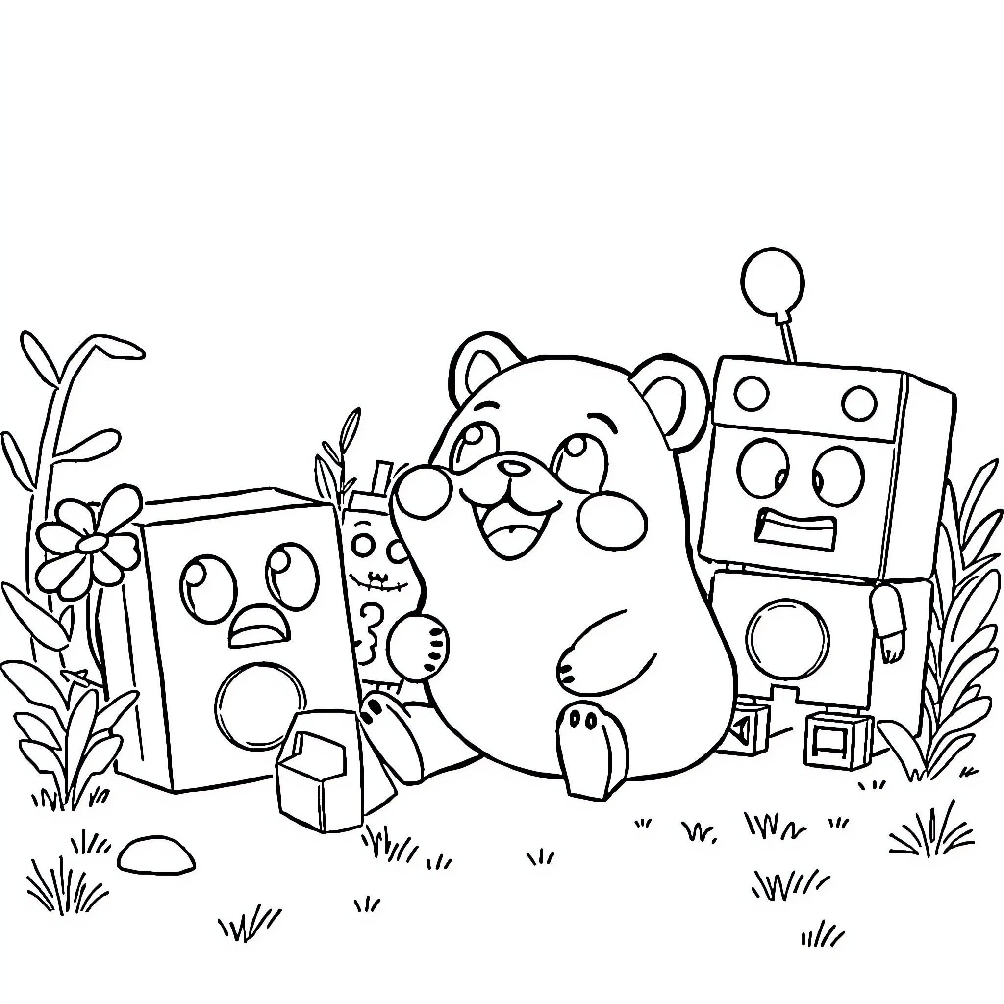 Pou characters playing with toys in the garden Coloring Page (free black-and-white line drawing printable PDF for all, from beginners to advanced learners, including children, teens, adults, and seniors)