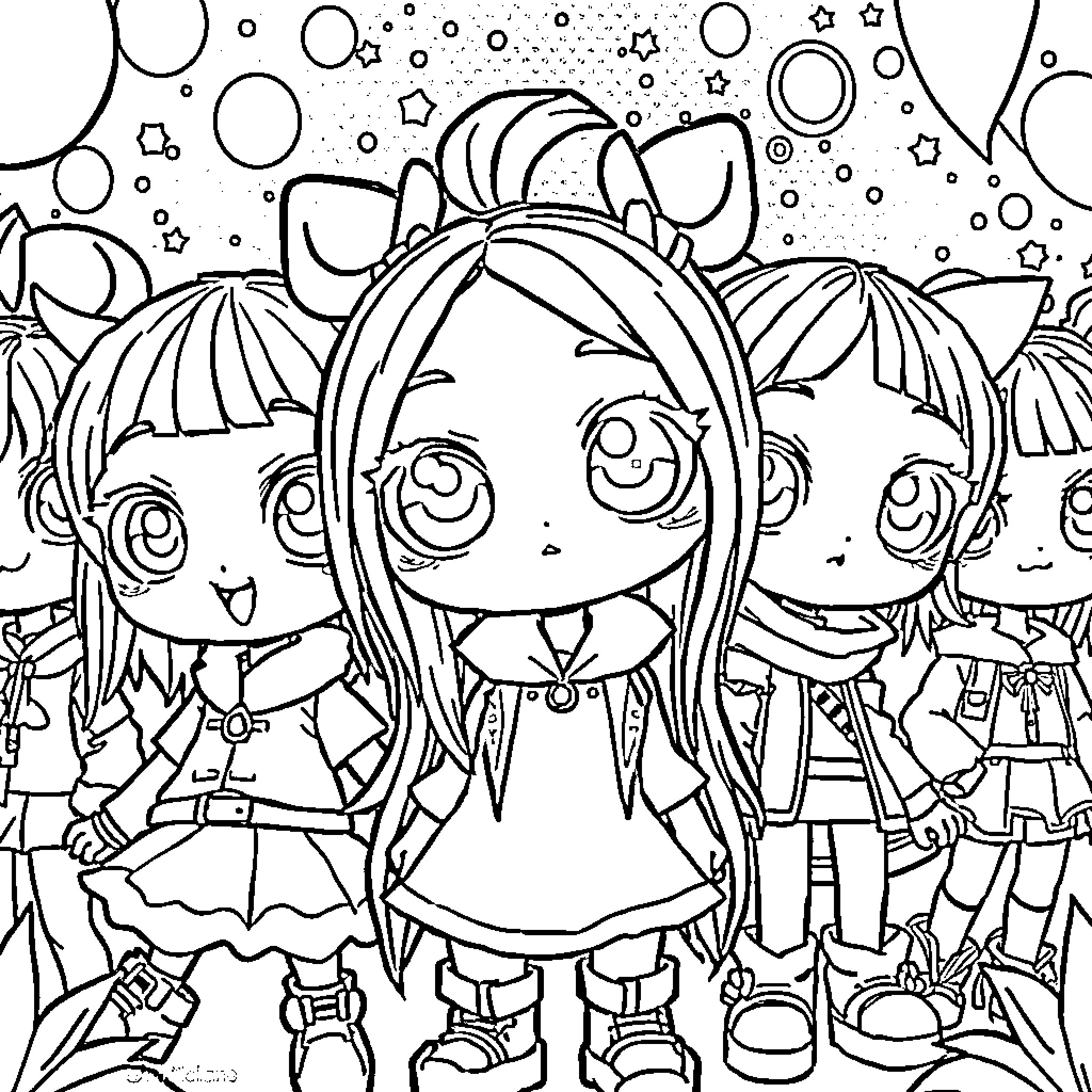 Anime-style Characters in Whimsical Celebration Coloring Page (free black-and-white line drawing printable PDF for all, from beginners to advanced learners, including children, teens, adults, and seniors)