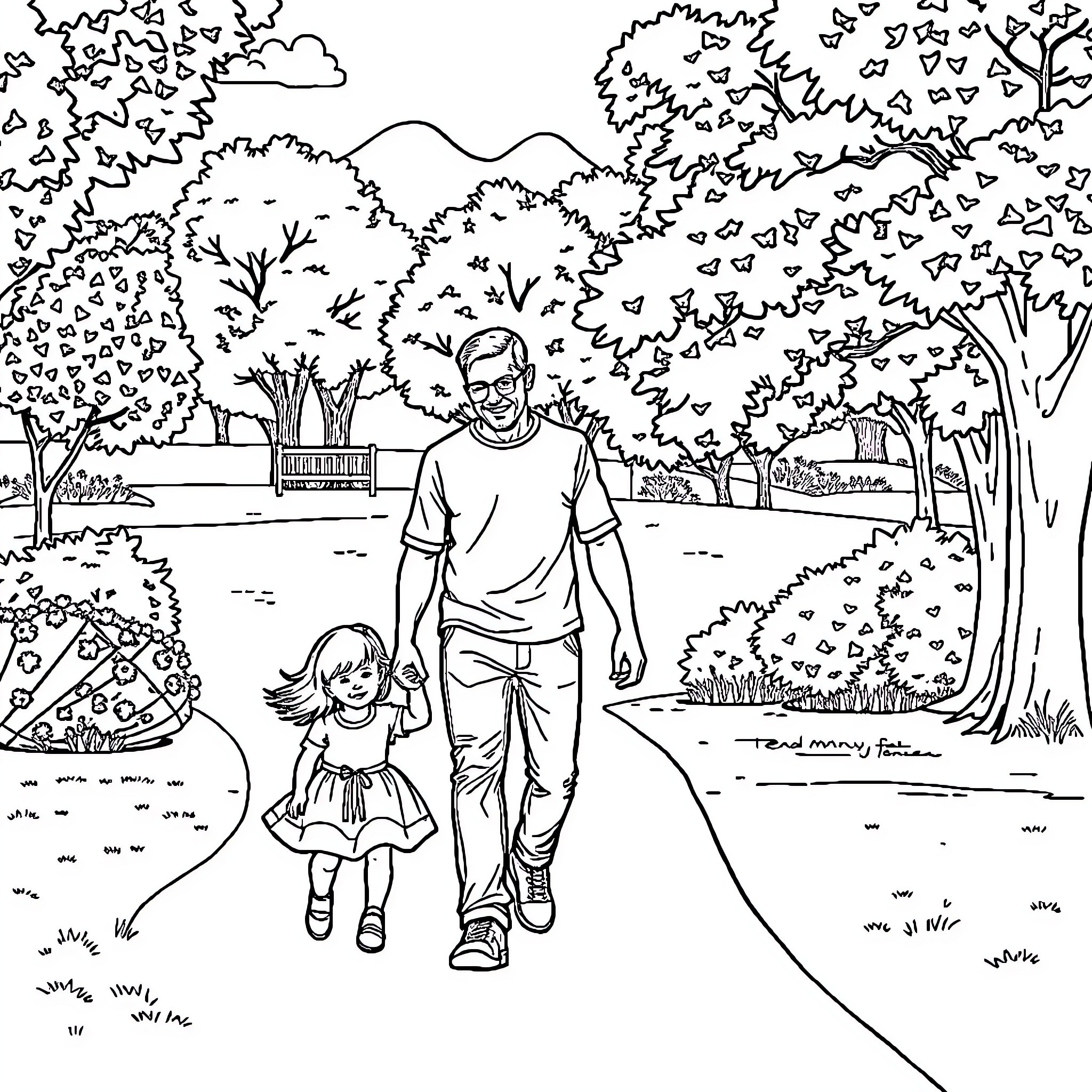 Father and Daughter Enjoy Outdoor Stroll Coloring Page (free black-and-white line drawing printable PDF for all, from beginners to advanced learners, including children, teens, adults, and seniors)
