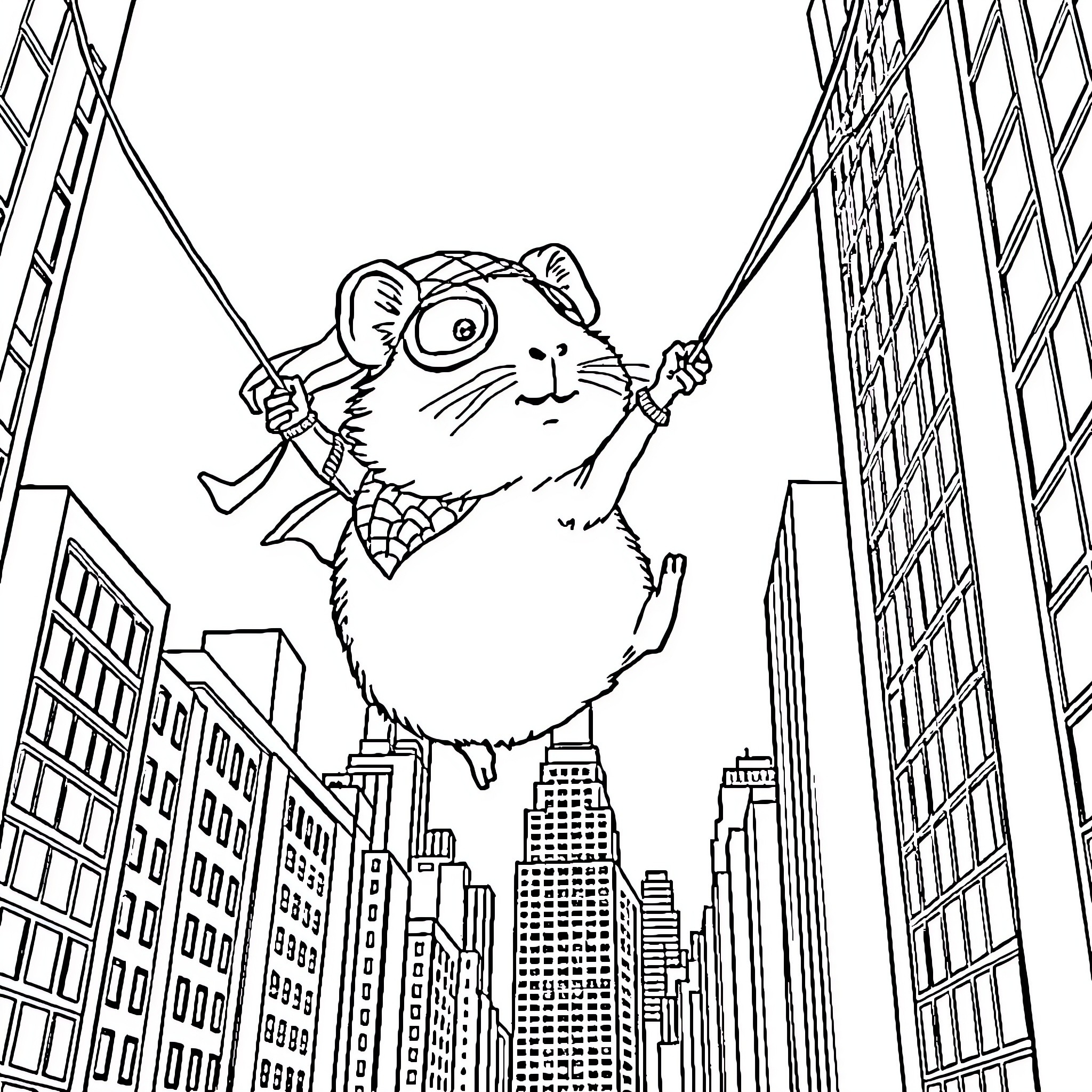 Guinea Pig Superhero Soaring Over City Skyline Coloring Page (free black-and-white line drawing printable PDF for all, from beginners to advanced learners, including children, teens, adults, and seniors)