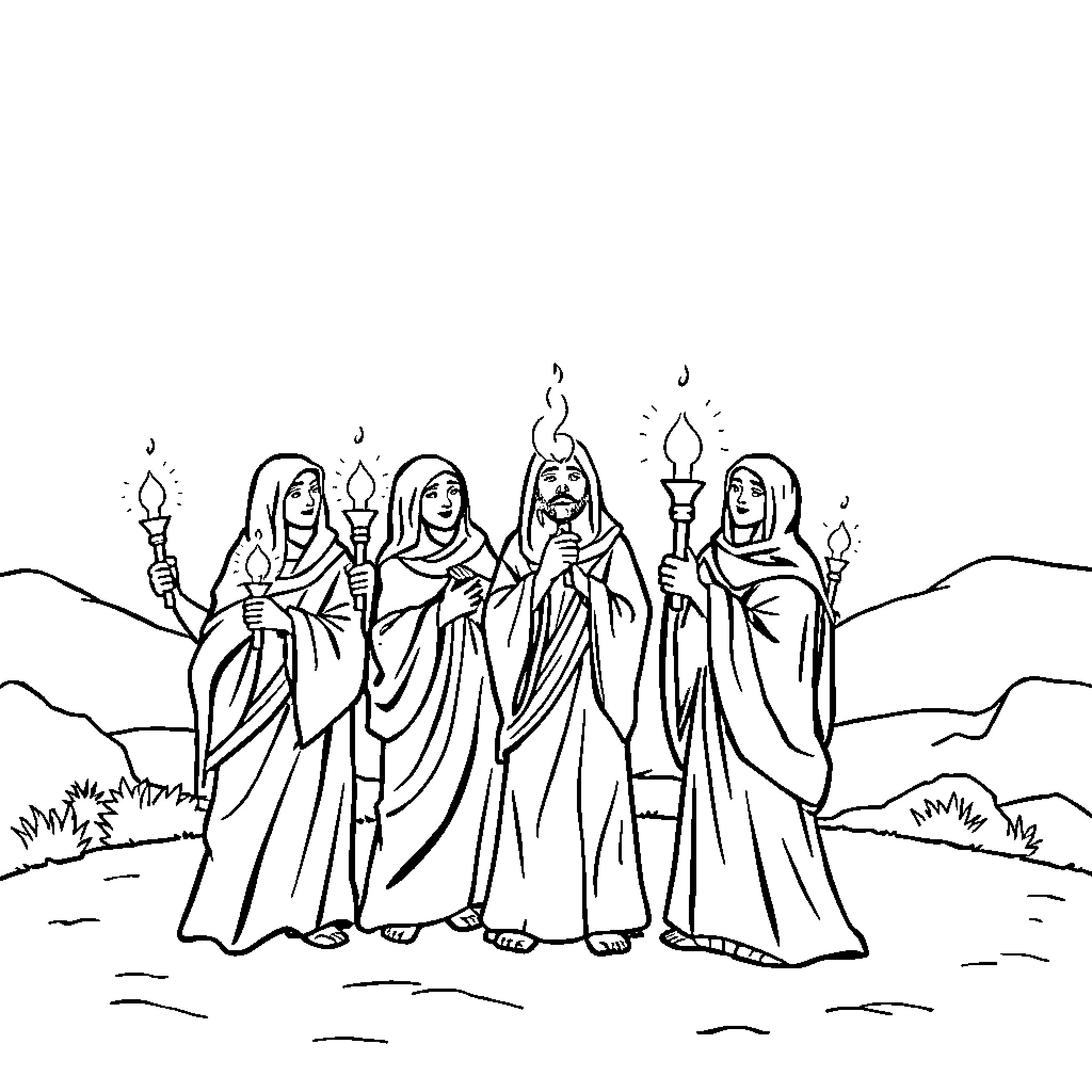 Virgin monks in ceremonial robes carrying torches in the wilderness Coloring Page (free black-and-white line drawing printable PDF for all, from beginners to advanced learners, including children, teens, adults, and seniors)
