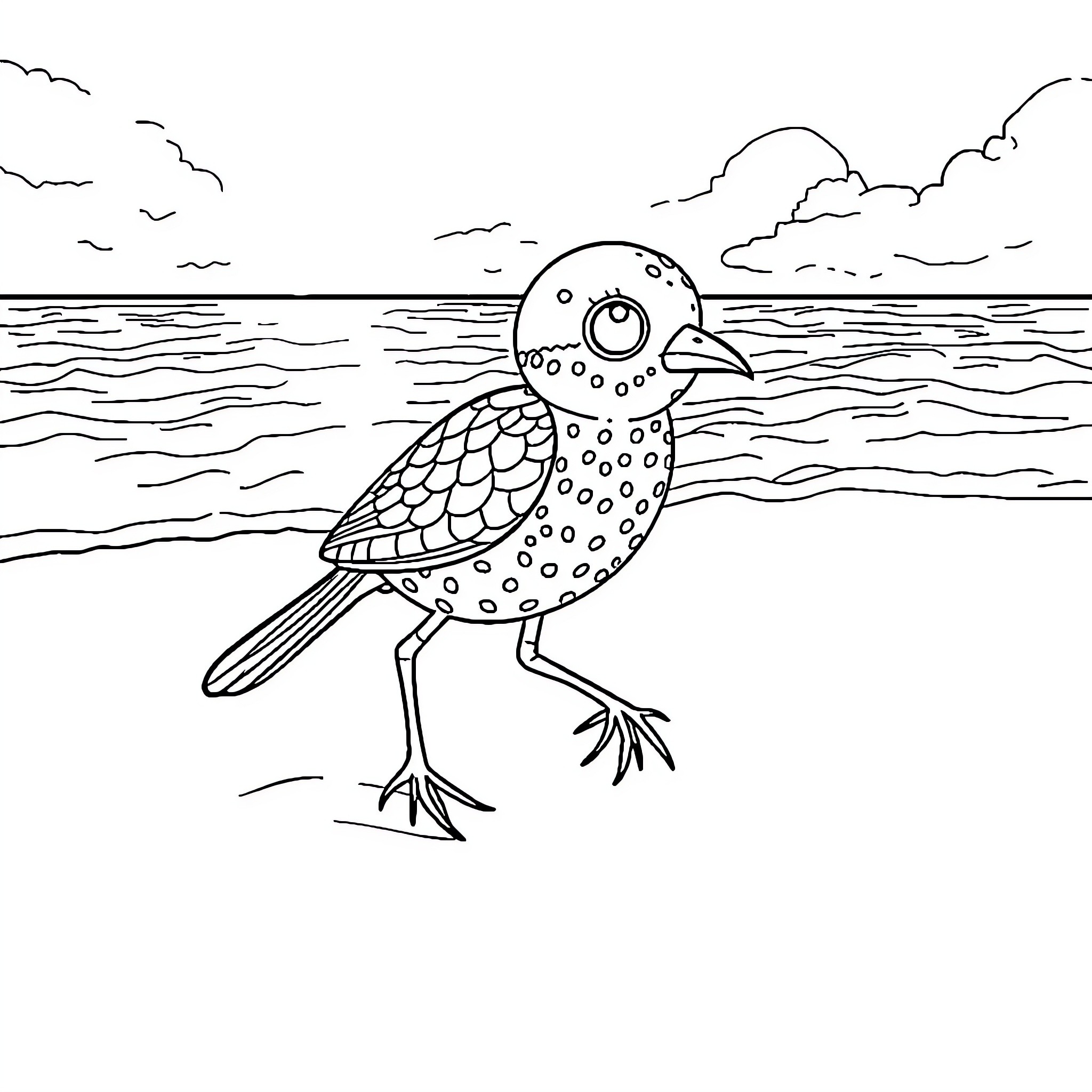 Araña Bird standing on the shore Coloring Page (free black-and-white line drawing printable PDF for all, from beginners to advanced learners, including children, teens, adults, and seniors)