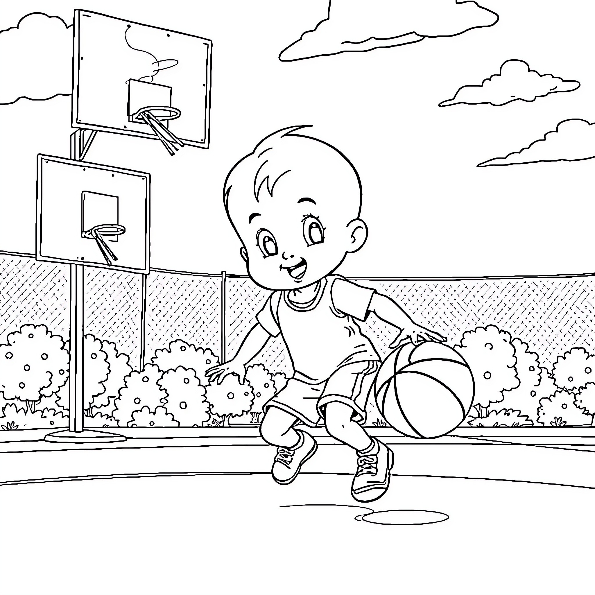 Stewie playing basketball on the court Coloring Page (free black-and-white line drawing printable PDF for all, from beginners to advanced learners, including children, teens, adults, and seniors)