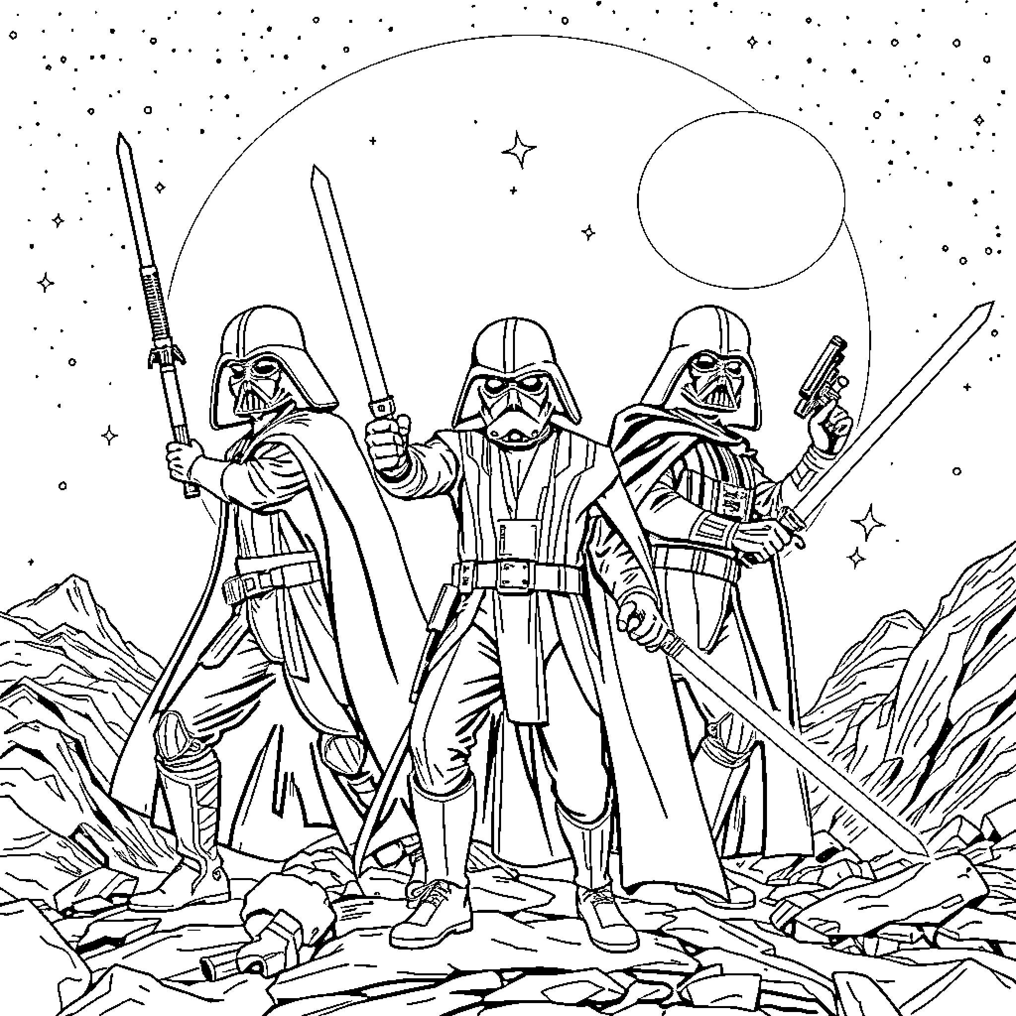 Star Wars Characters in Galactic Warfare Scene Coloring Page (free black-and-white line drawing printable PDF for all, from beginners to advanced learners, including children, teens, adults, and seniors)