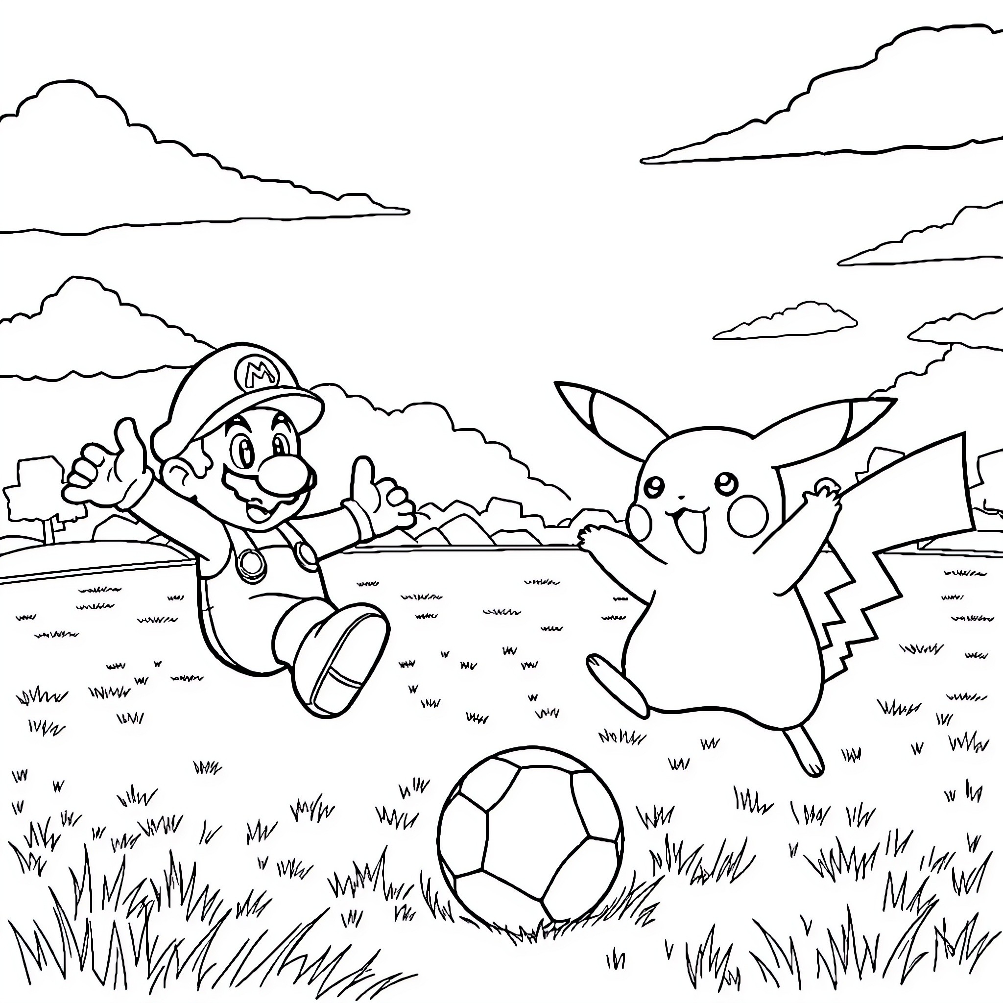 Pikachu and Mario playing soccer in the field Coloring Page (free black-and-white line drawing printable PDF for all, from beginners to advanced learners, including children, teens, adults, and seniors)