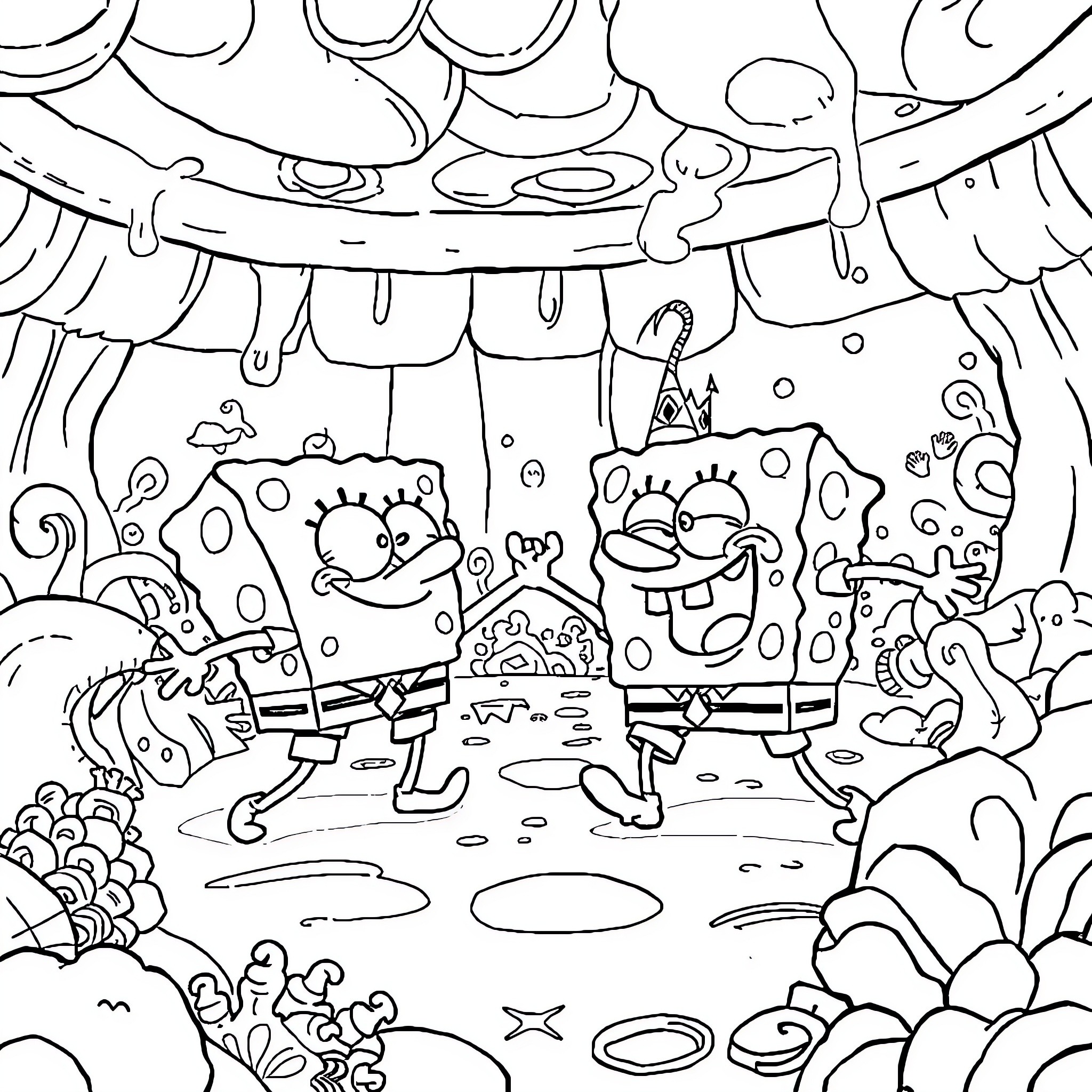Spongebob and Patrick in a Whimsical Underwater Adventure Coloring Page (free black-and-white line drawing printable PDF for all, from beginners to advanced learners, including children, teens, adults, and seniors)