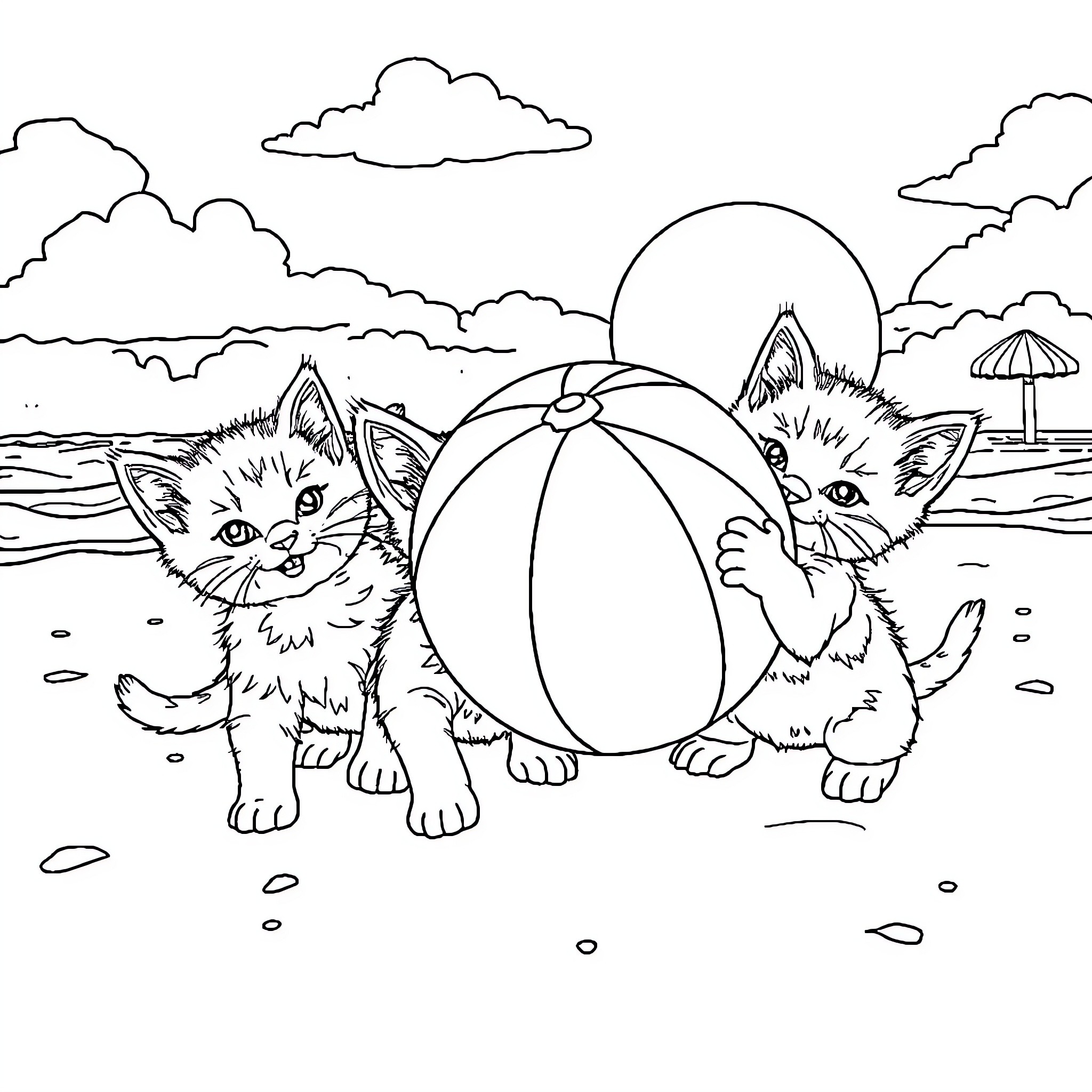 Kittens Playing with Beach Ball on Sunny Day Coloring Page (free black-and-white line drawing printable PDF for all, from beginners to advanced learners, including children, teens, adults, and seniors)