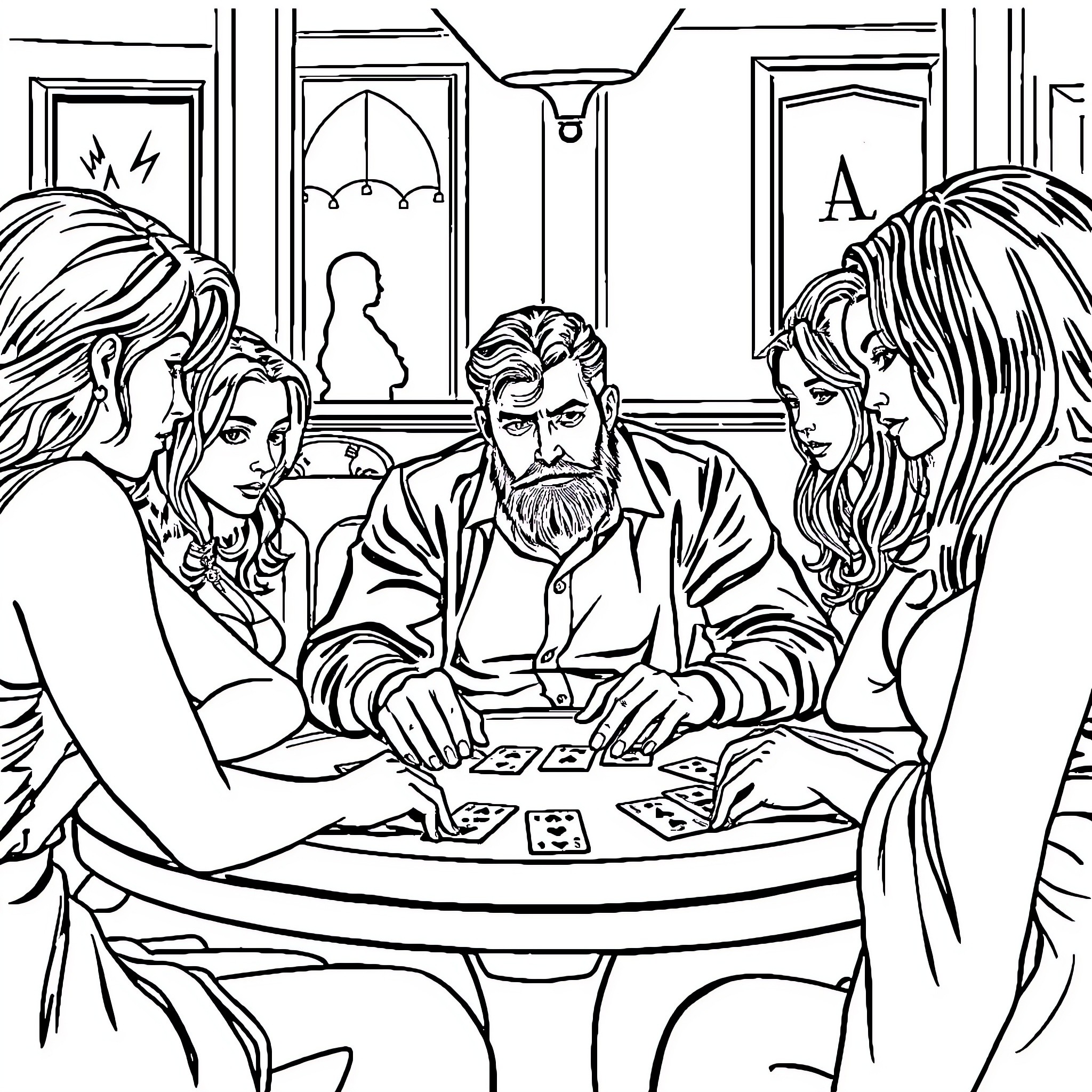 Man Playing Cards with Friends in Interior Setting Coloring Page (free black-and-white line drawing printable PDF for all, from beginners to advanced learners, including children, teens, adults, and seniors)