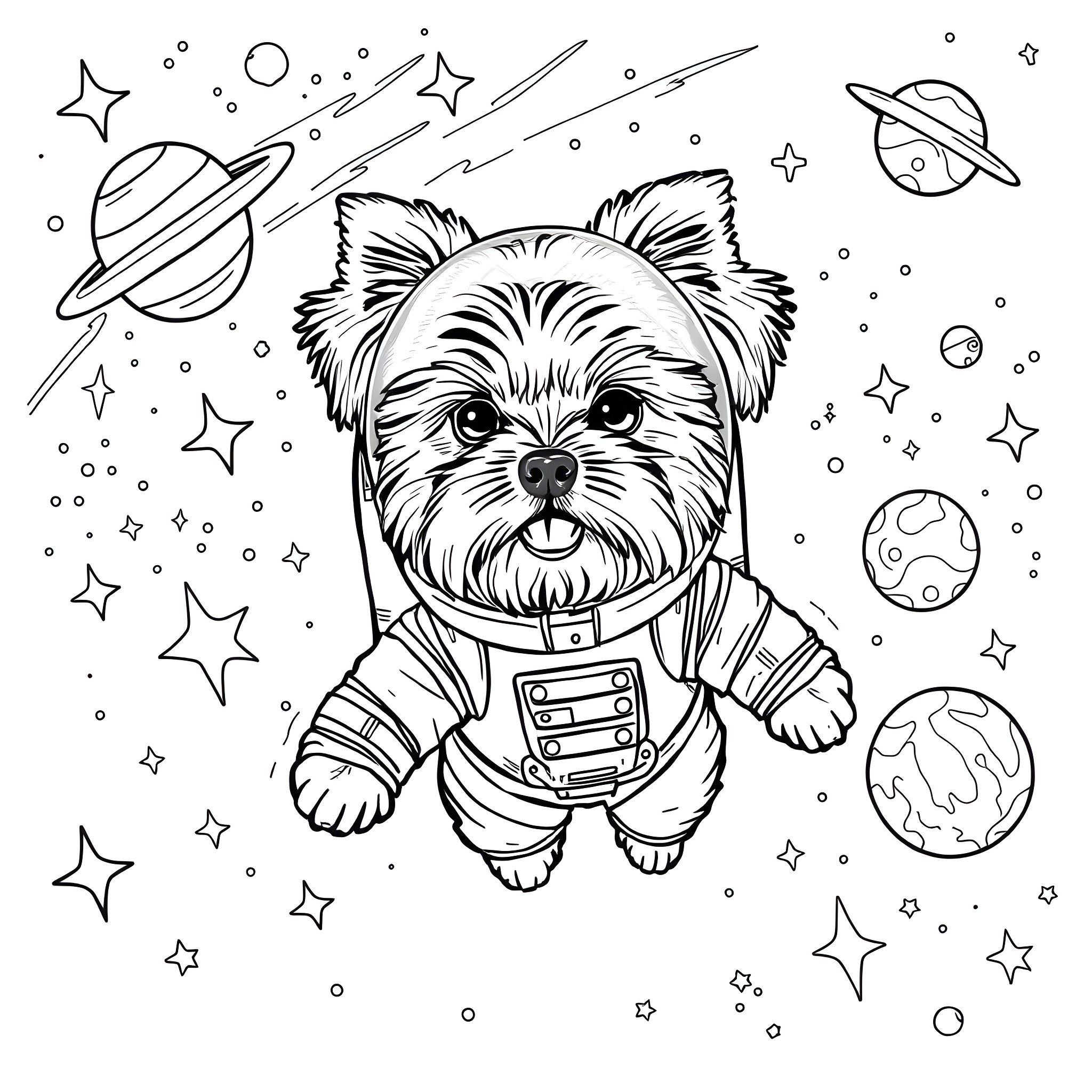 Havanese Dog Astronaut in Outer Space Adventure Coloring Page (free black-and-white line drawing printable PDF for all, from beginners to advanced learners, including children, teens, adults, and seniors)