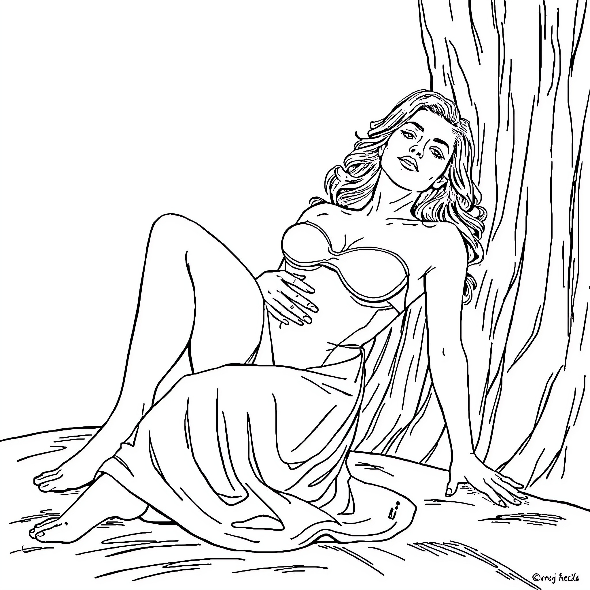 Suzanne Roy posing confidently in elegant attire Coloring Page (free black-and-white line drawing printable PDF for all, from beginners to advanced learners, including children, teens, adults, and seniors)
