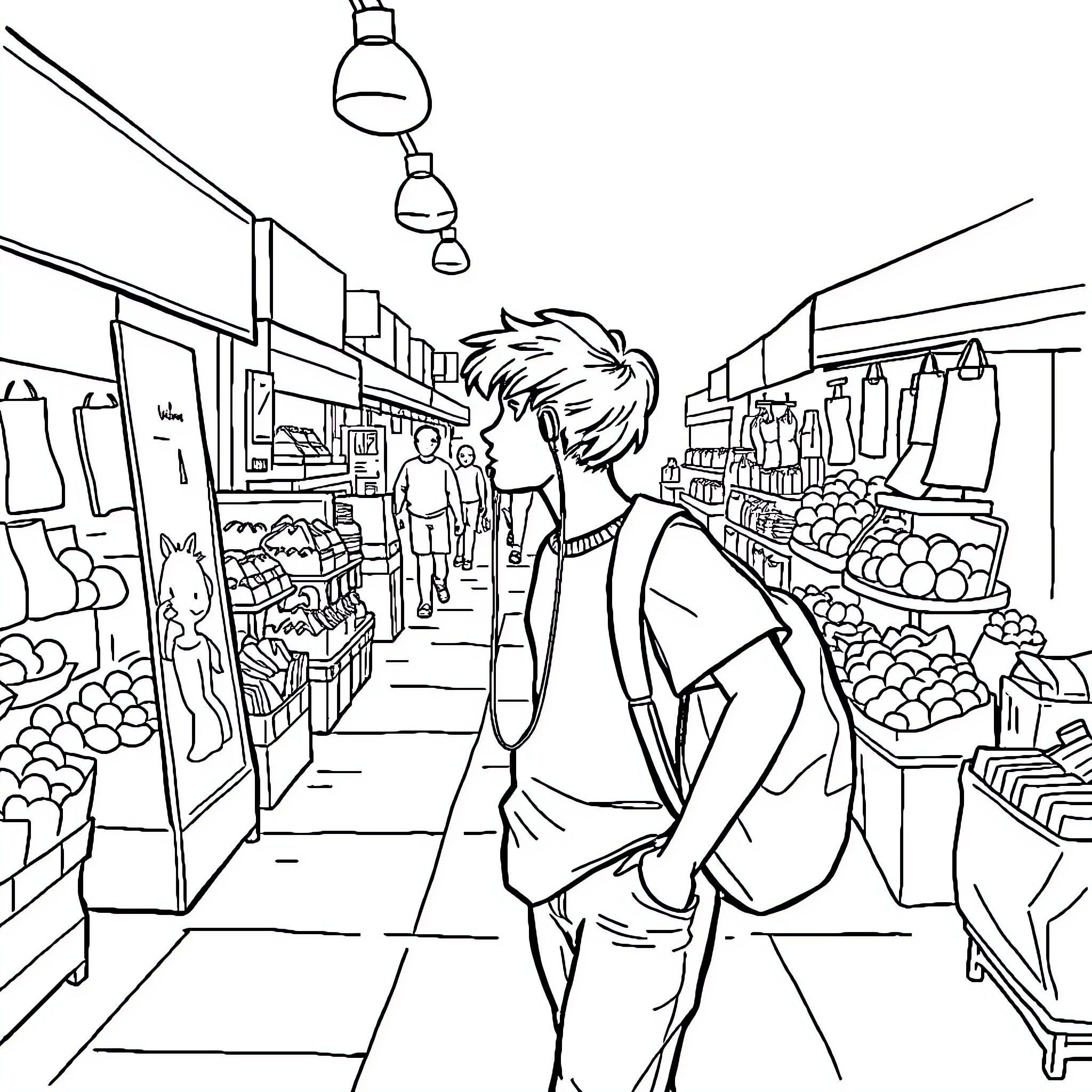 Boy explores bustling supermarket aisle Coloring Page (free black-and-white line drawing printable PDF for all, from beginners to advanced learners, including children, teens, adults, and seniors)