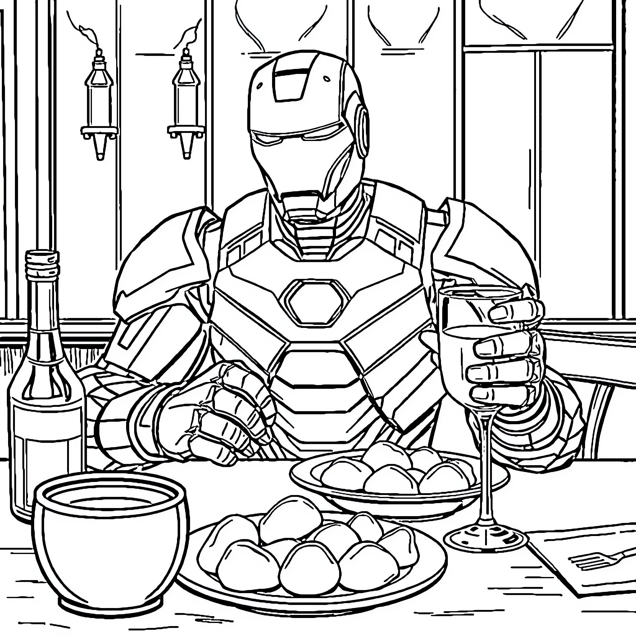 Iron Man Enjoys a Meal in His Armored Suit Coloring Page (free black-and-white line drawing printable PDF for all, from beginners to advanced learners, including children, teens, adults, and seniors)