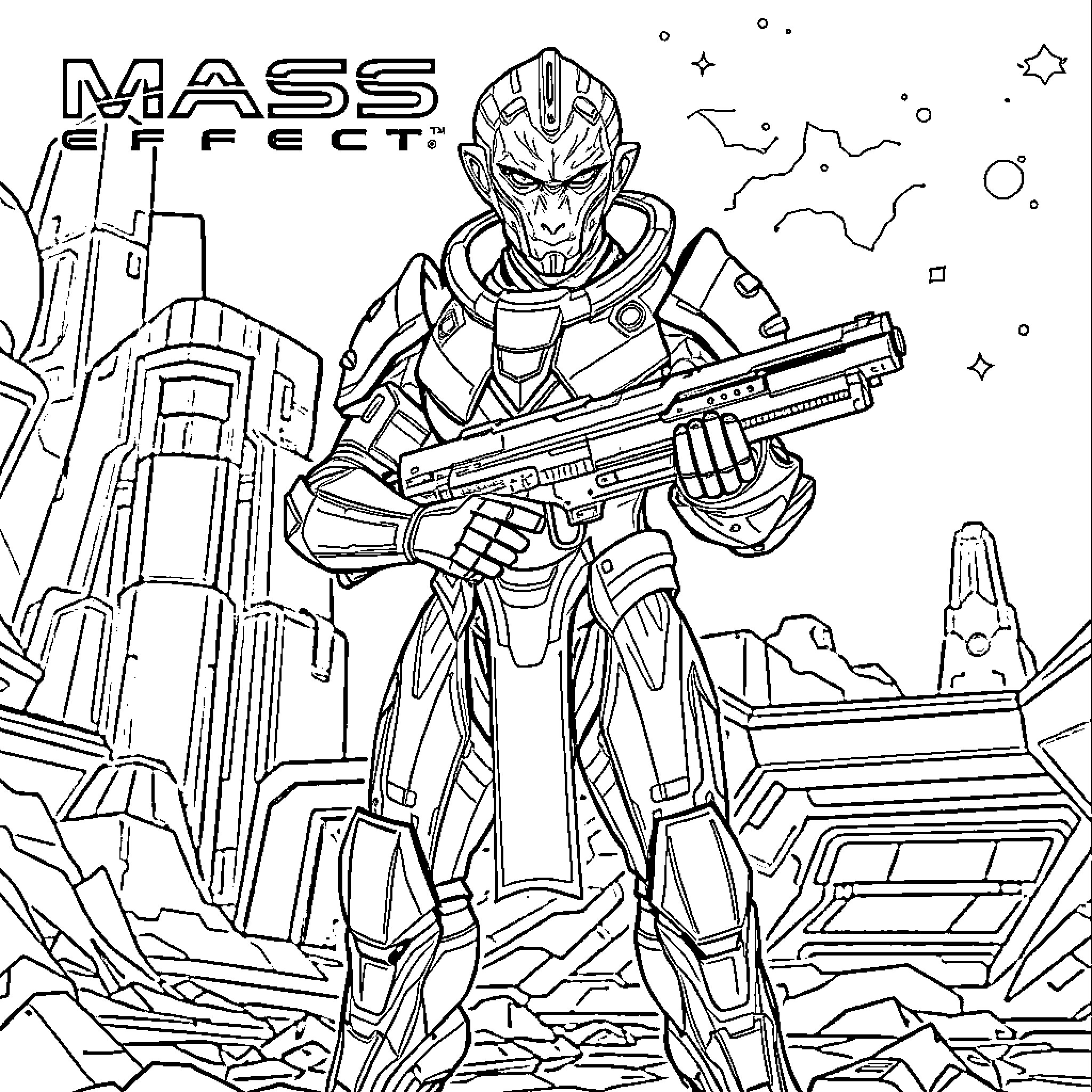 Garrus in Intense Space Battle Coloring Page (free black-and-white line drawing printable PDF for all, from beginners to advanced learners, including children, teens, adults, and seniors)