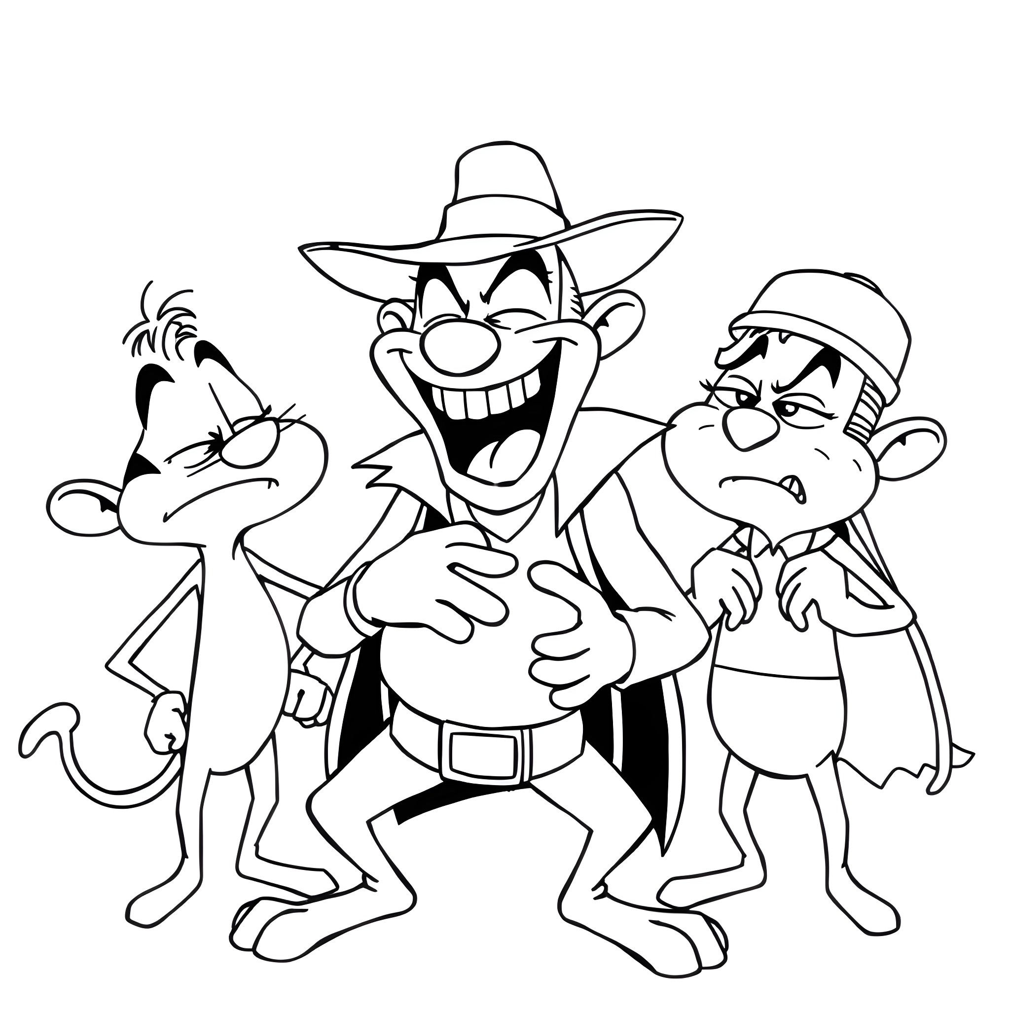 Bandit trio - Cartoon thieves in action Coloring Page (free black-and-white line drawing printable PDF for all, from beginners to advanced learners, including children, teens, adults, and seniors)