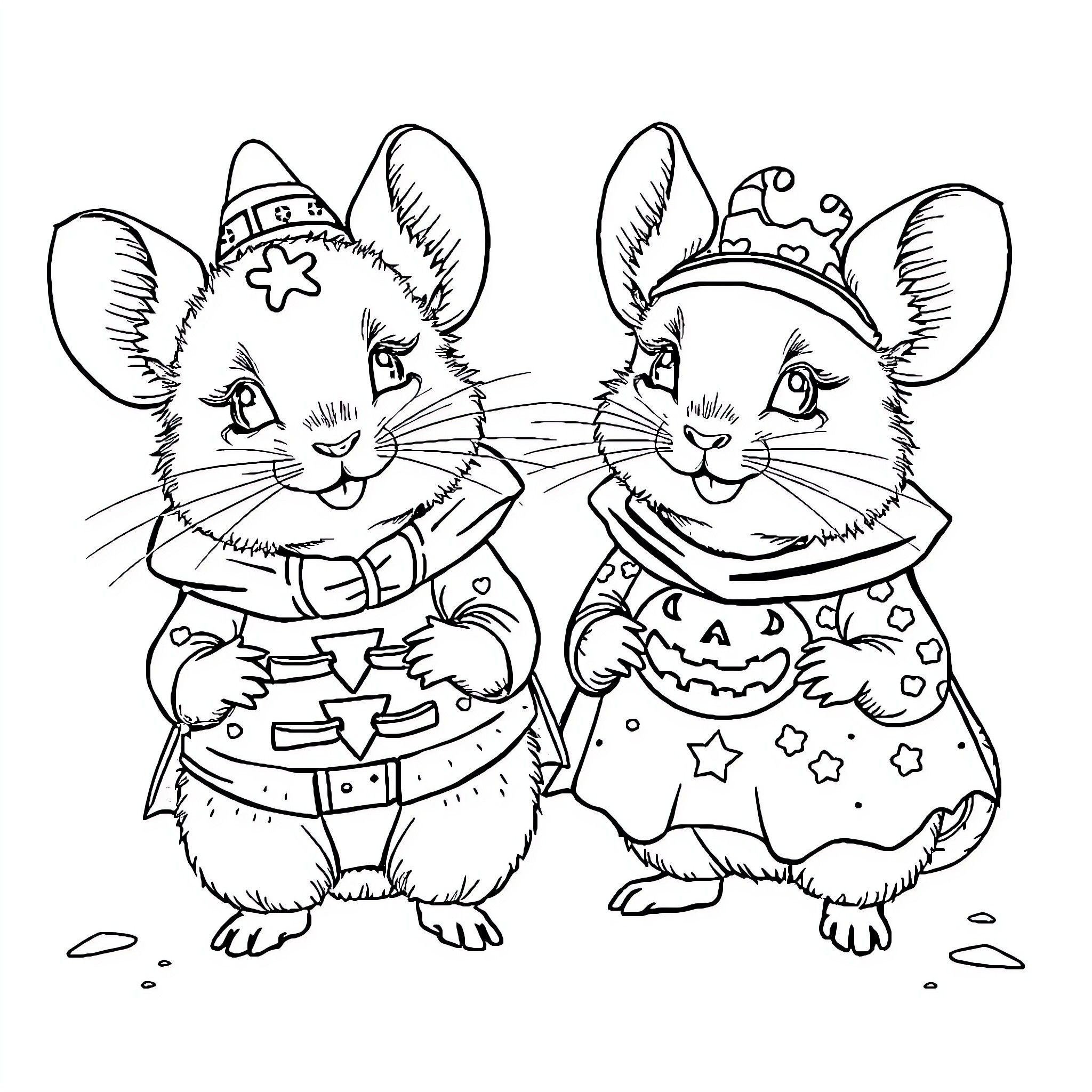 Chinchillas dressed up for Halloween Coloring Page (free black-and-white line drawing printable PDF for all, from beginners to advanced learners, including children, teens, adults, and seniors)