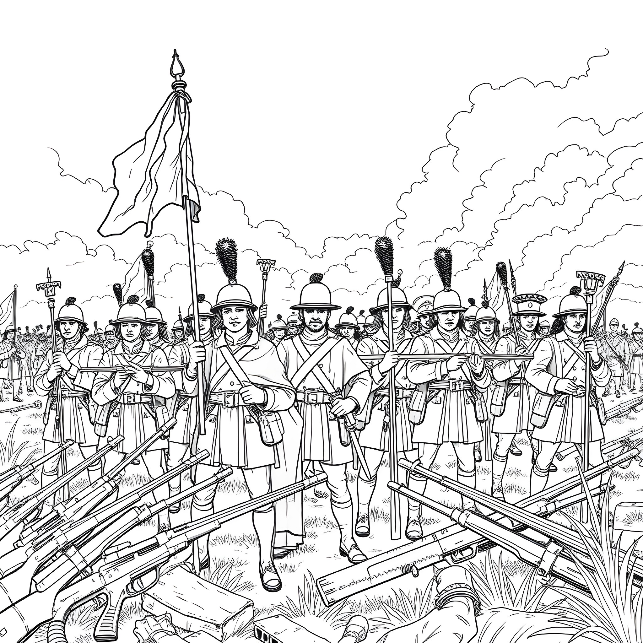 Soldier Marching in Formation on Battlefield Coloring Page (free black-and-white line drawing printable PDF for all, from beginners to advanced learners, including children, teens, adults, and seniors)
