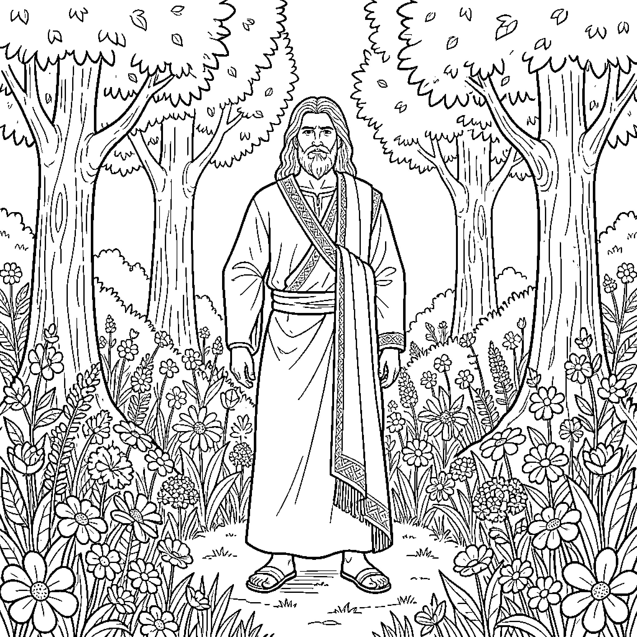Adam walking thoughtfully in the forest Coloring Page (free black-and-white line drawing printable PDF for all, from beginners to advanced learners, including children, teens, adults, and seniors)