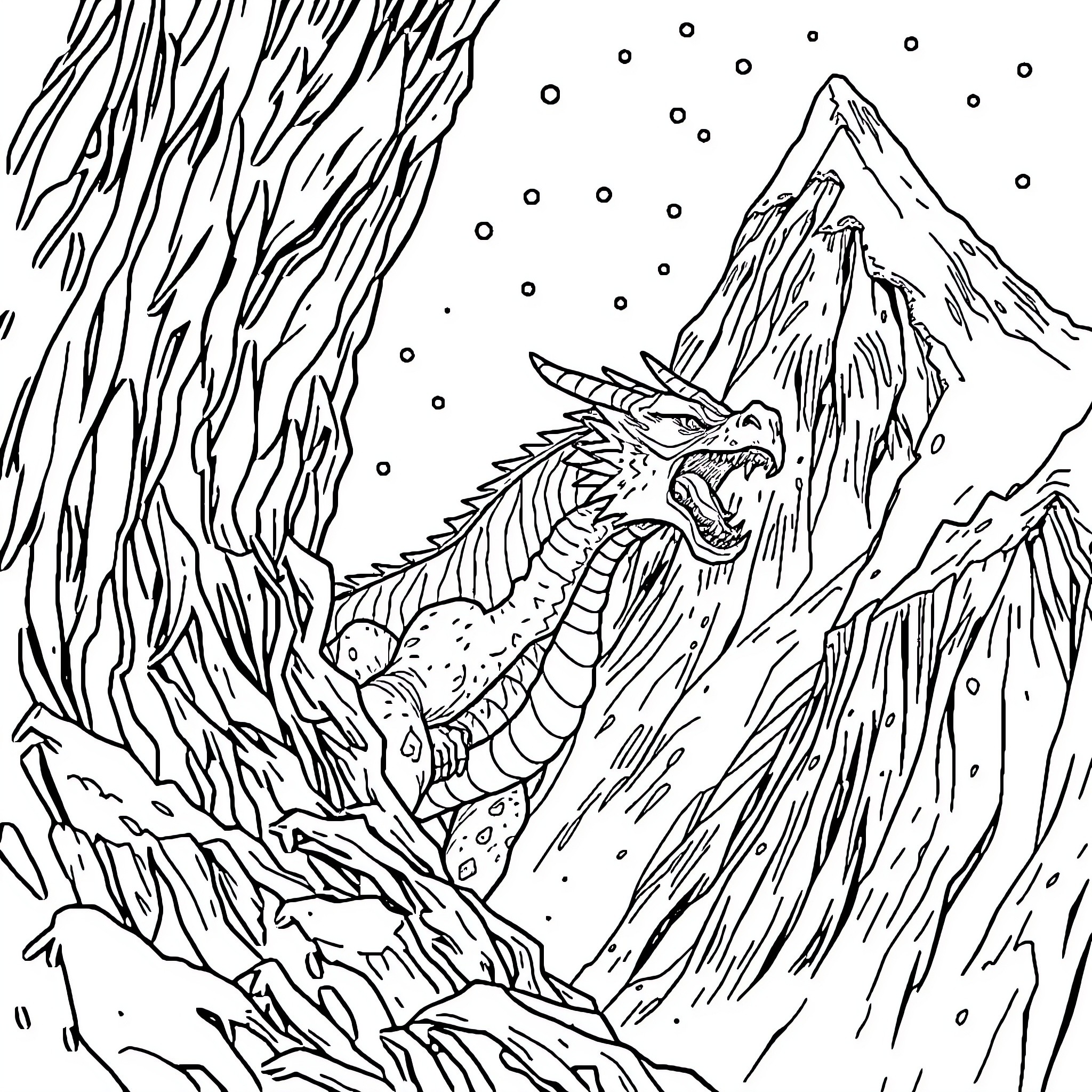 Dragon soaring through snowy mountain peaks Coloring Page (free black-and-white line drawing printable PDF for all, from beginners to advanced learners, including children, teens, adults, and seniors)