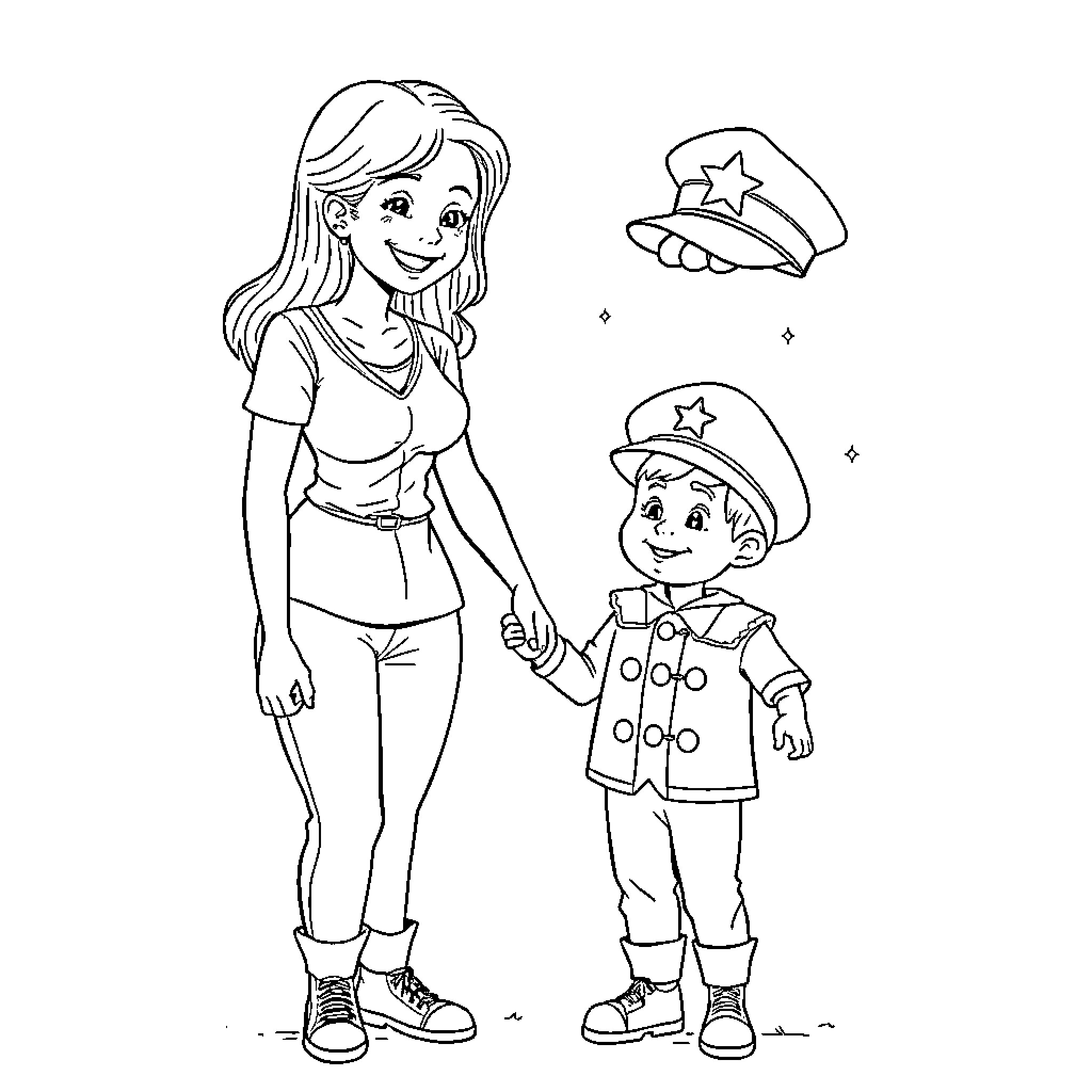 Mother and Child Playing Dress-Up Coloring Page (free black-and-white line drawing printable PDF for all, from beginners to advanced learners, including children, teens, adults, and seniors)