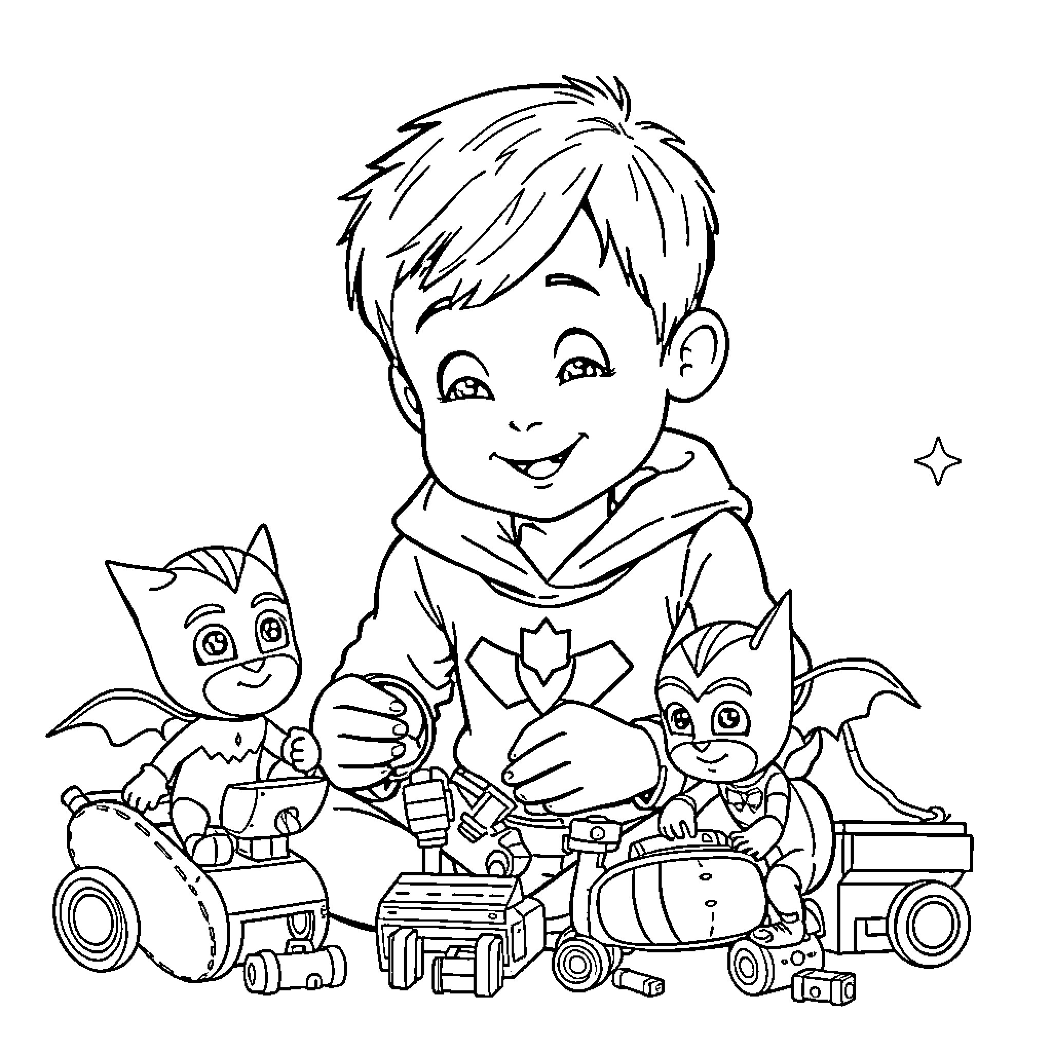 Boy playing with cartoon characters in toy vehicles Coloring Page (free black-and-white line drawing printable PDF for all, from beginners to advanced learners, including children, teens, adults, and seniors)