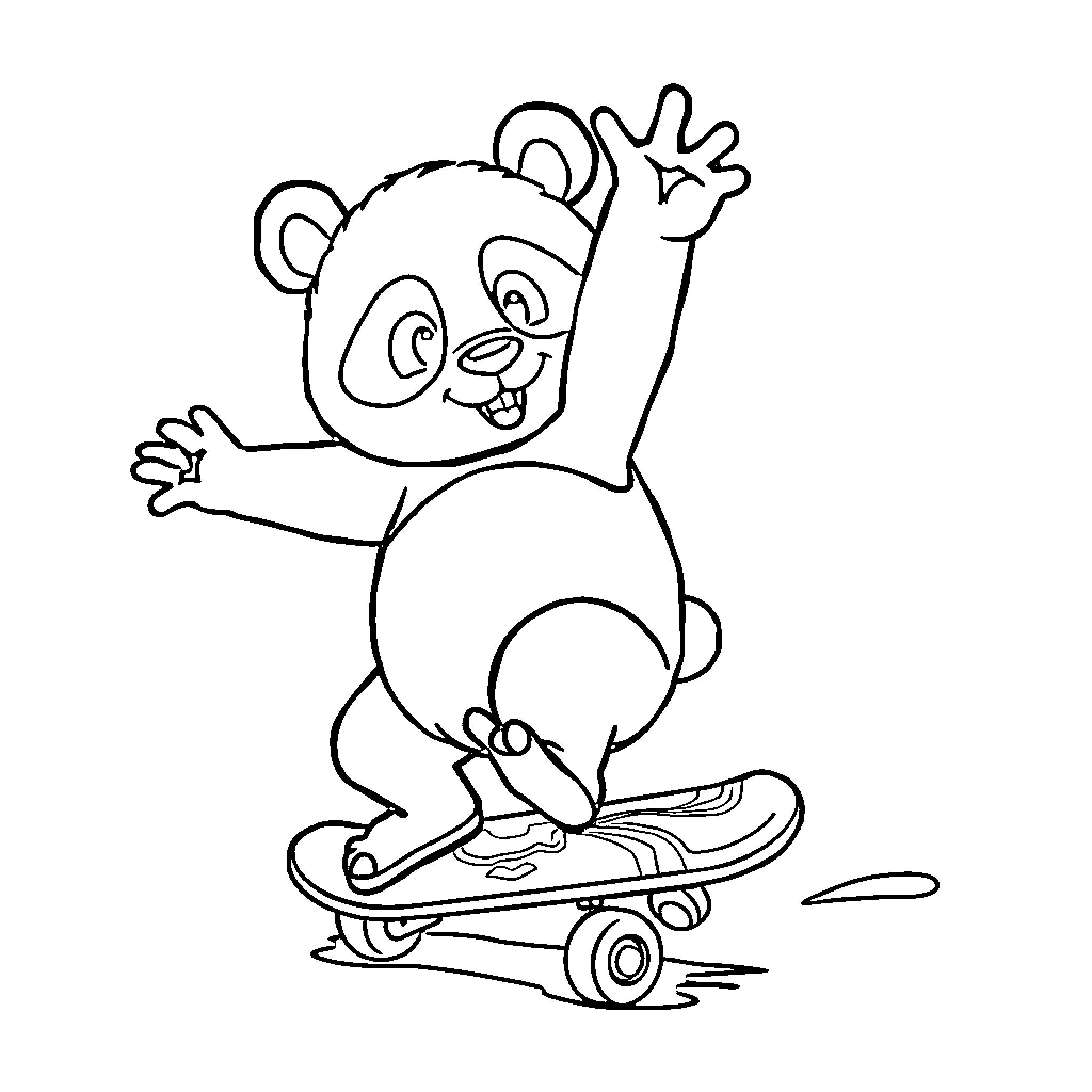 Panda riding a skateboard happily Coloring Page (free black-and-white line drawing printable PDF for all, from beginners to advanced learners, including children, teens, adults, and seniors)