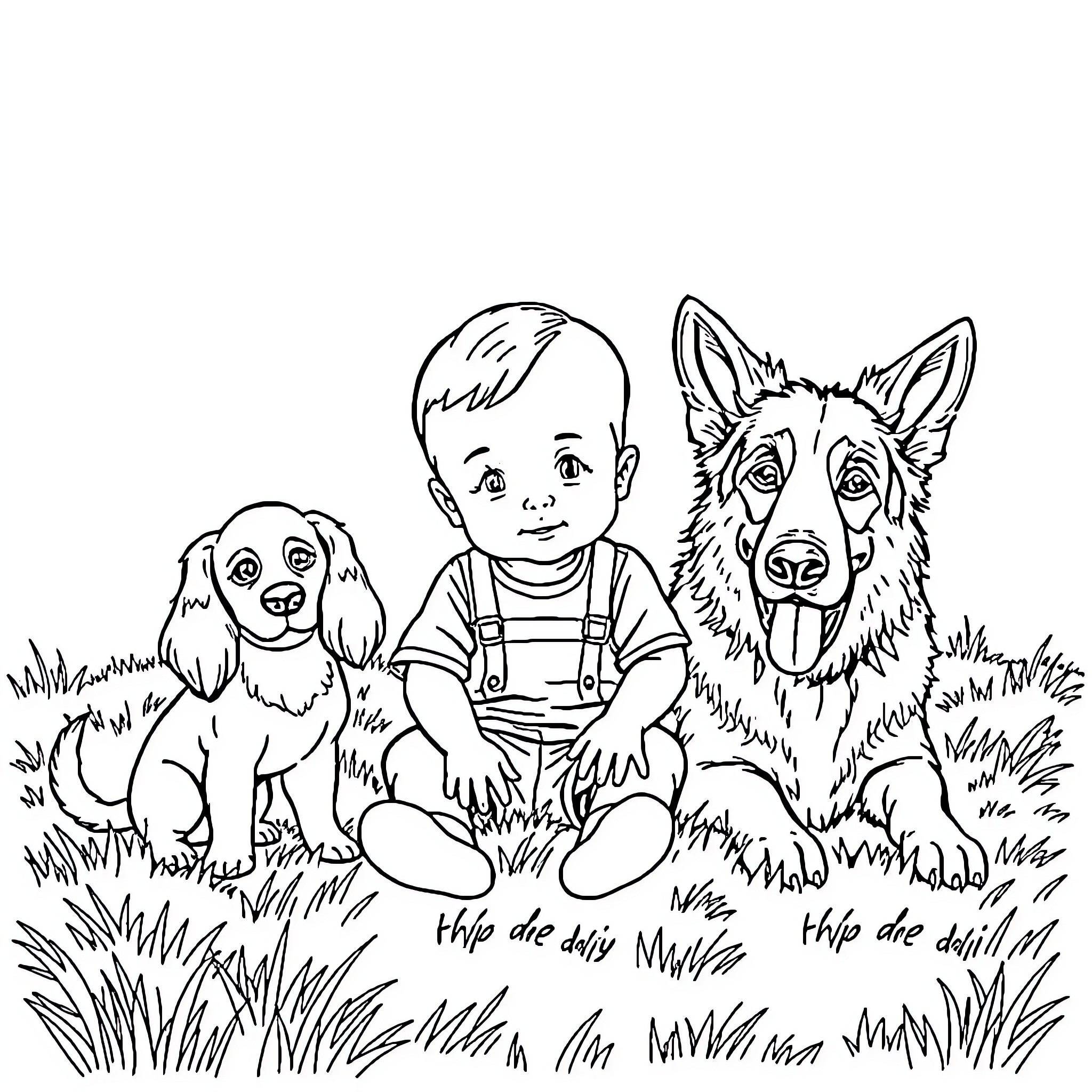 Baby Boy Playing with Adorable Puppies in the Grass Coloring Page (free black-and-white line drawing printable PDF for all, from beginners to advanced learners, including children, teens, adults, and seniors)