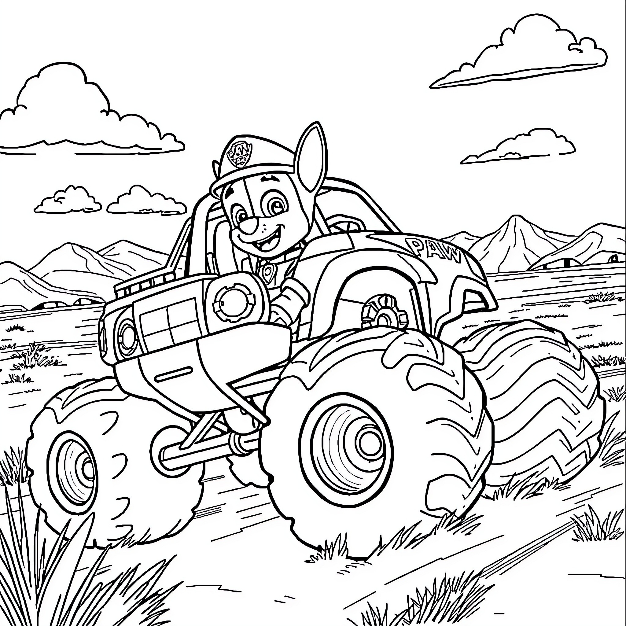 Paw Patrol character driving big truck in the mountains Coloring Page (free black-and-white line drawing printable PDF for all, from beginners to advanced learners, including children, teens, adults, and seniors)