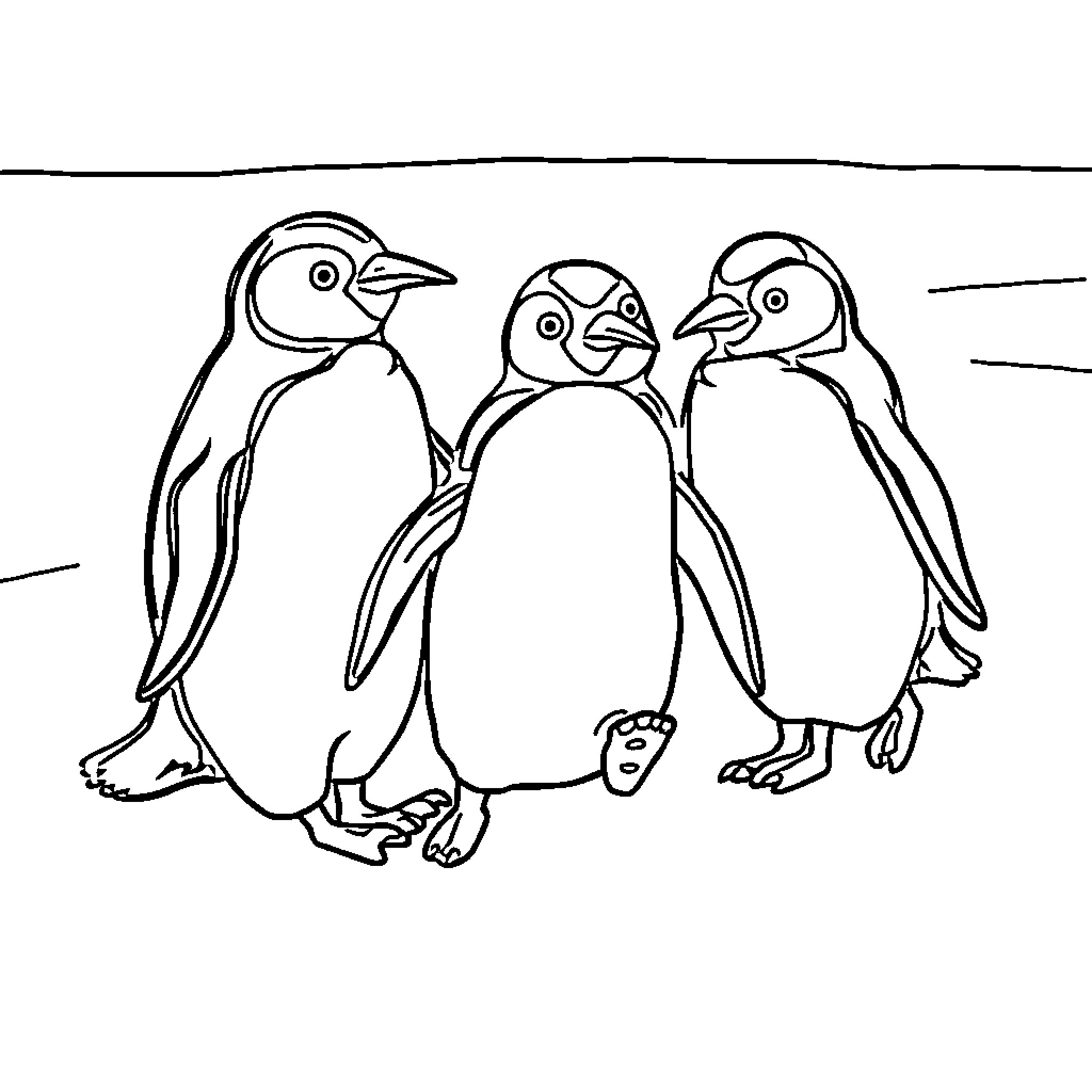 Penguins standing together in a row Coloring Page (free black-and-white line drawing printable PDF for all, from beginners to advanced learners, including children, teens, adults, and seniors)