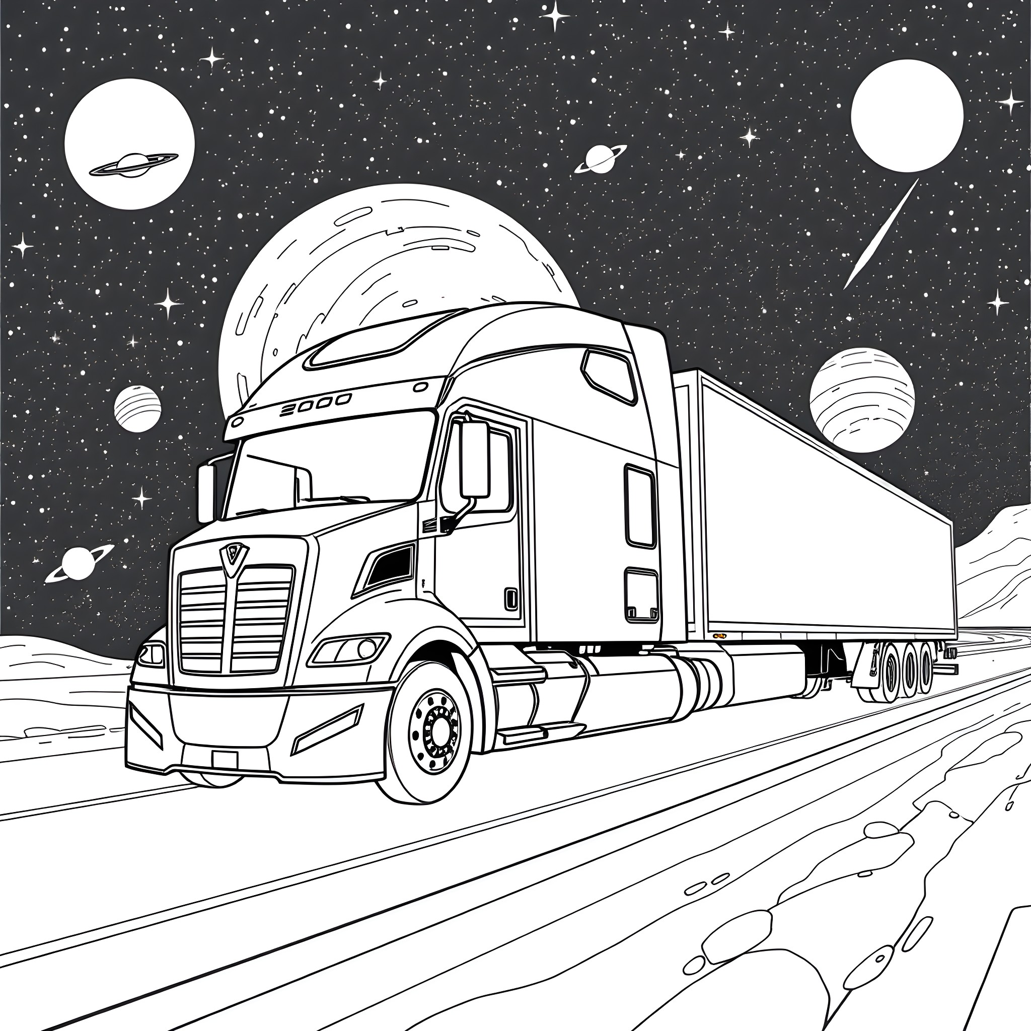 Space Truck Hauling Cargo Through the Cosmic Highway Coloring Page (free black-and-white line drawing printable PDF for all, from beginners to advanced learners, including children, teens, adults, and seniors)