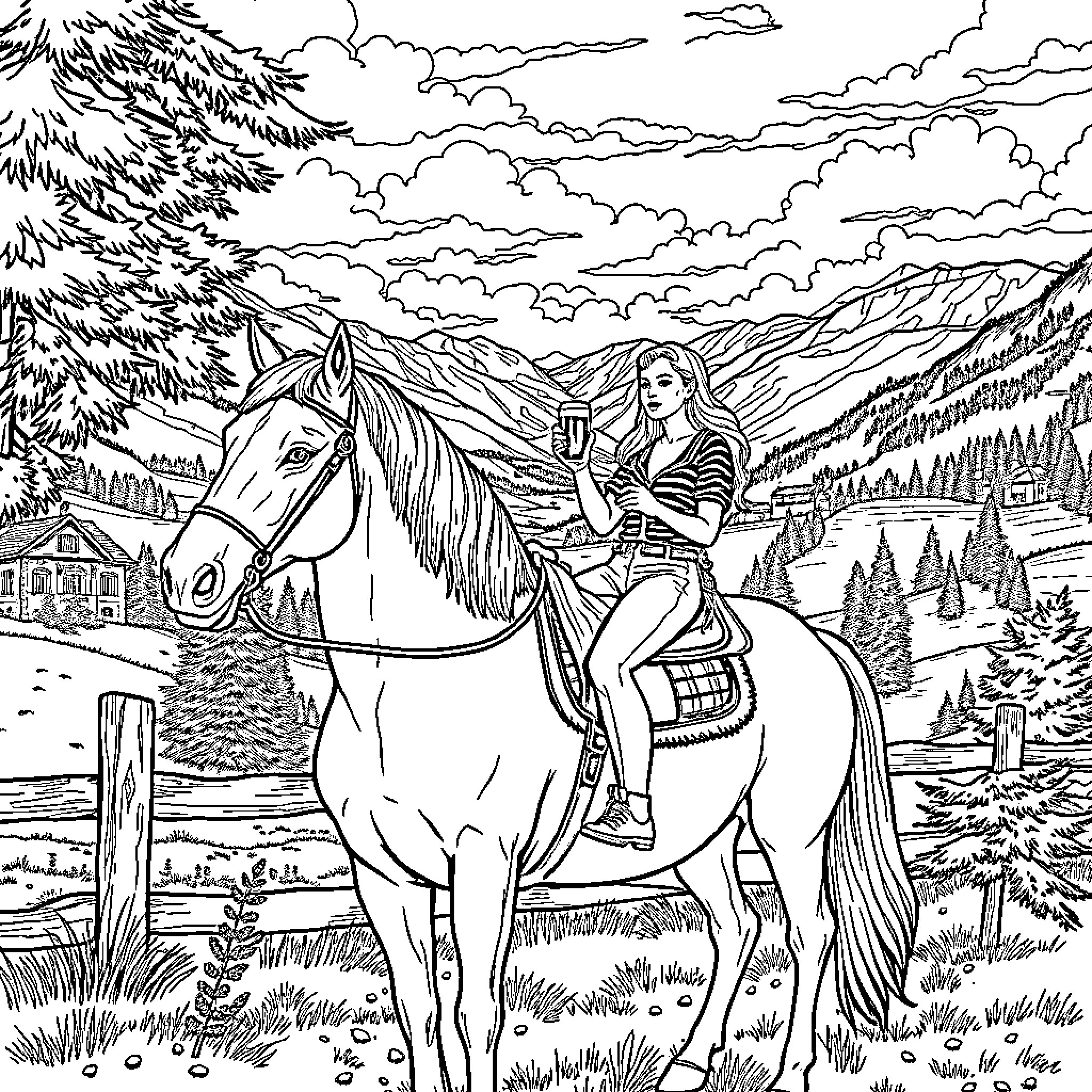 Horse rider enjoying scenic mountain landscape Coloring Page (free black-and-white line drawing printable PDF for all, from beginners to advanced learners, including children, teens, adults, and seniors)