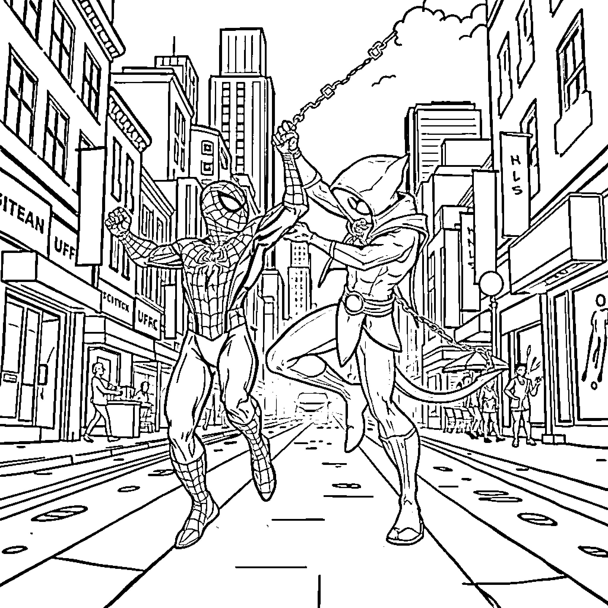 Spider-Man swinging through a city Coloring Page (free black-and-white line drawing printable PDF for all, from beginners to advanced learners, including children, teens, adults, and seniors)