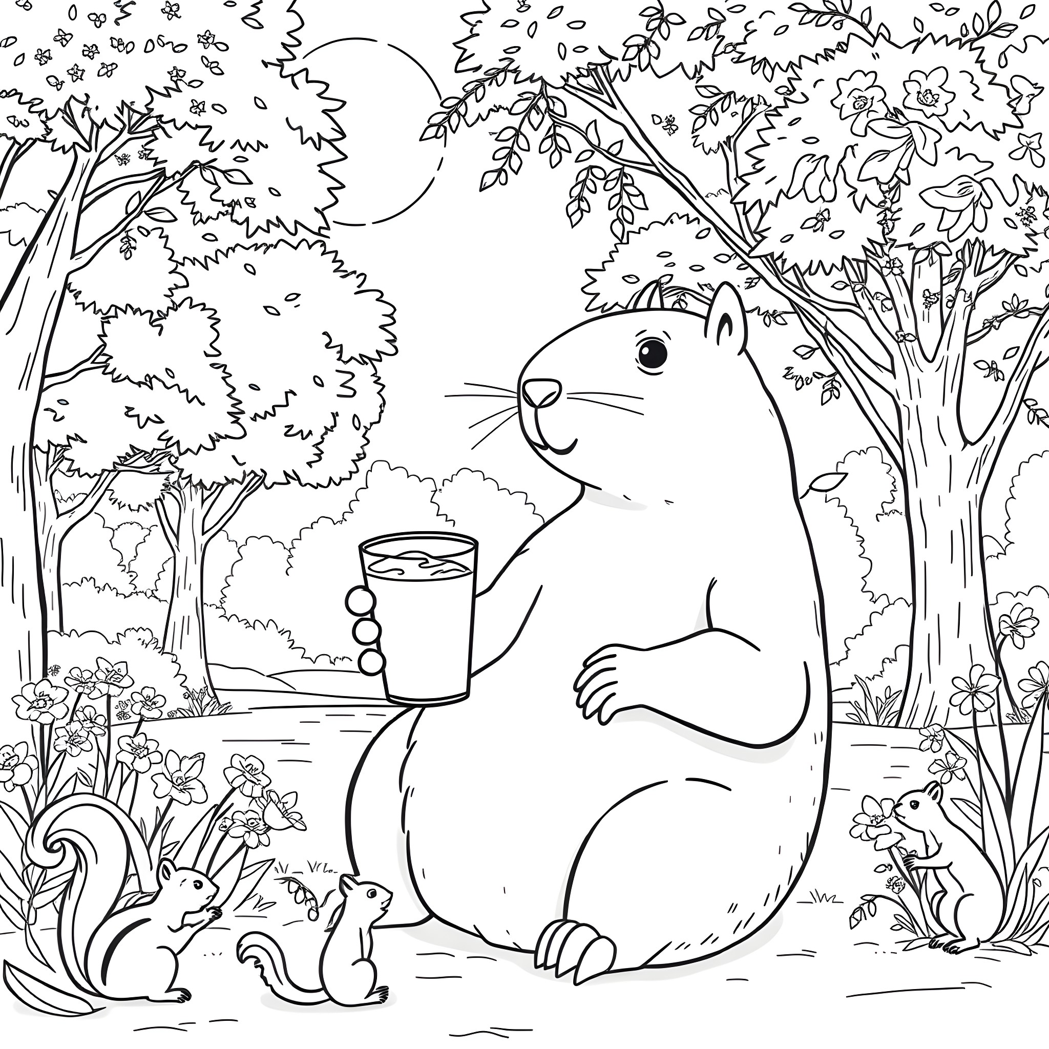 Capybara enjoying a drink in the forest Coloring Page (free black-and-white line drawing printable PDF for all, from beginners to advanced learners, including children, teens, adults, and seniors)