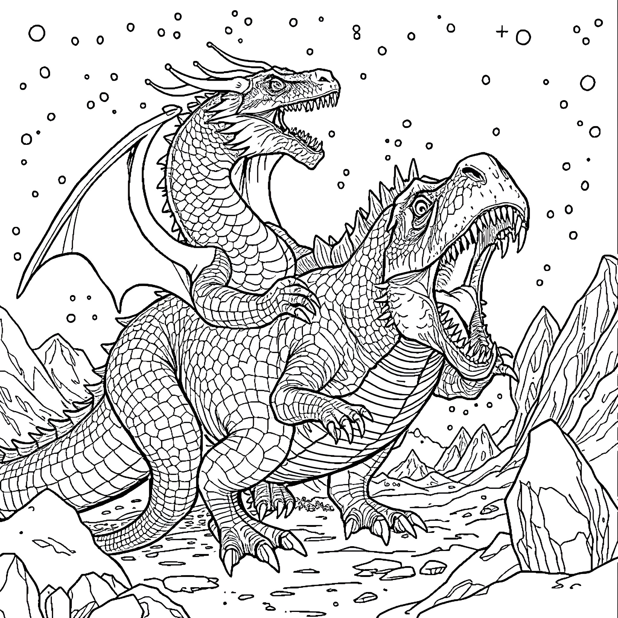 Dragon duo in icy wilderness Coloring Page (free black-and-white line drawing printable PDF for all, from beginners to advanced learners, including children, teens, adults, and seniors)
