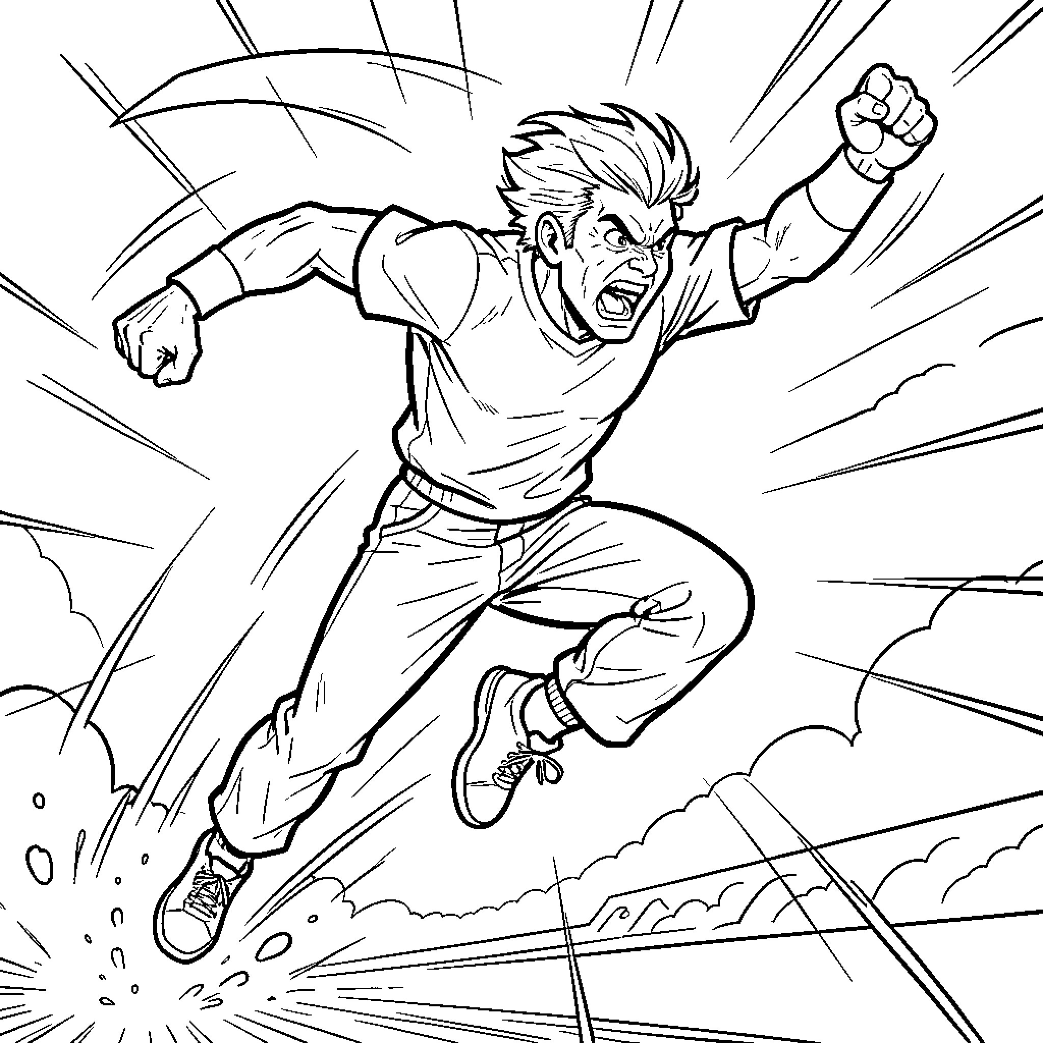Jumper leaping through the air with an intense expression Coloring Page (free black-and-white line drawing printable PDF for all, from beginners to advanced learners, including children, teens, adults, and seniors)