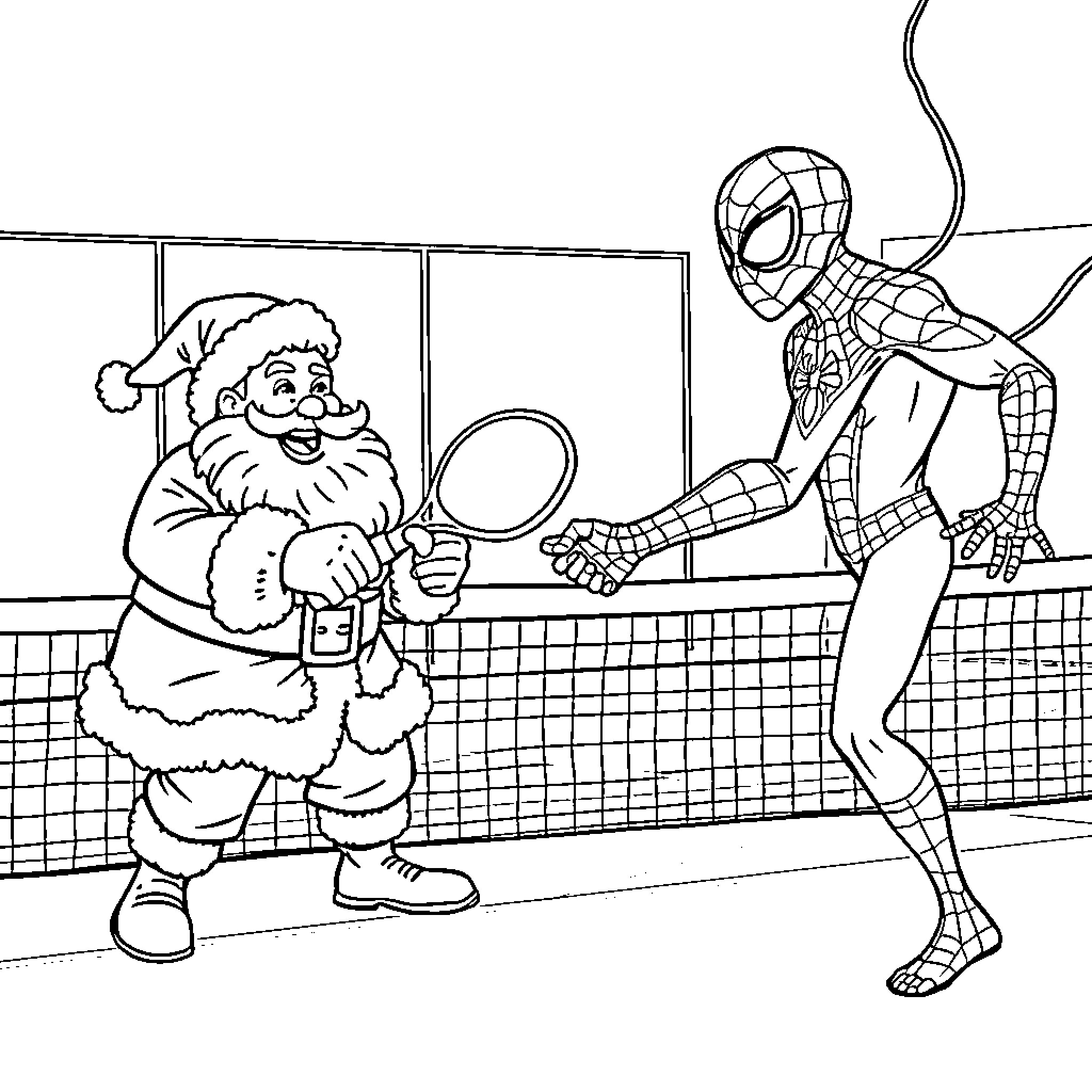 Santa Claus and Spider-Man playing together Coloring Page (free black-and-white line drawing printable PDF for all, from beginners to advanced learners, including children, teens, adults, and seniors)