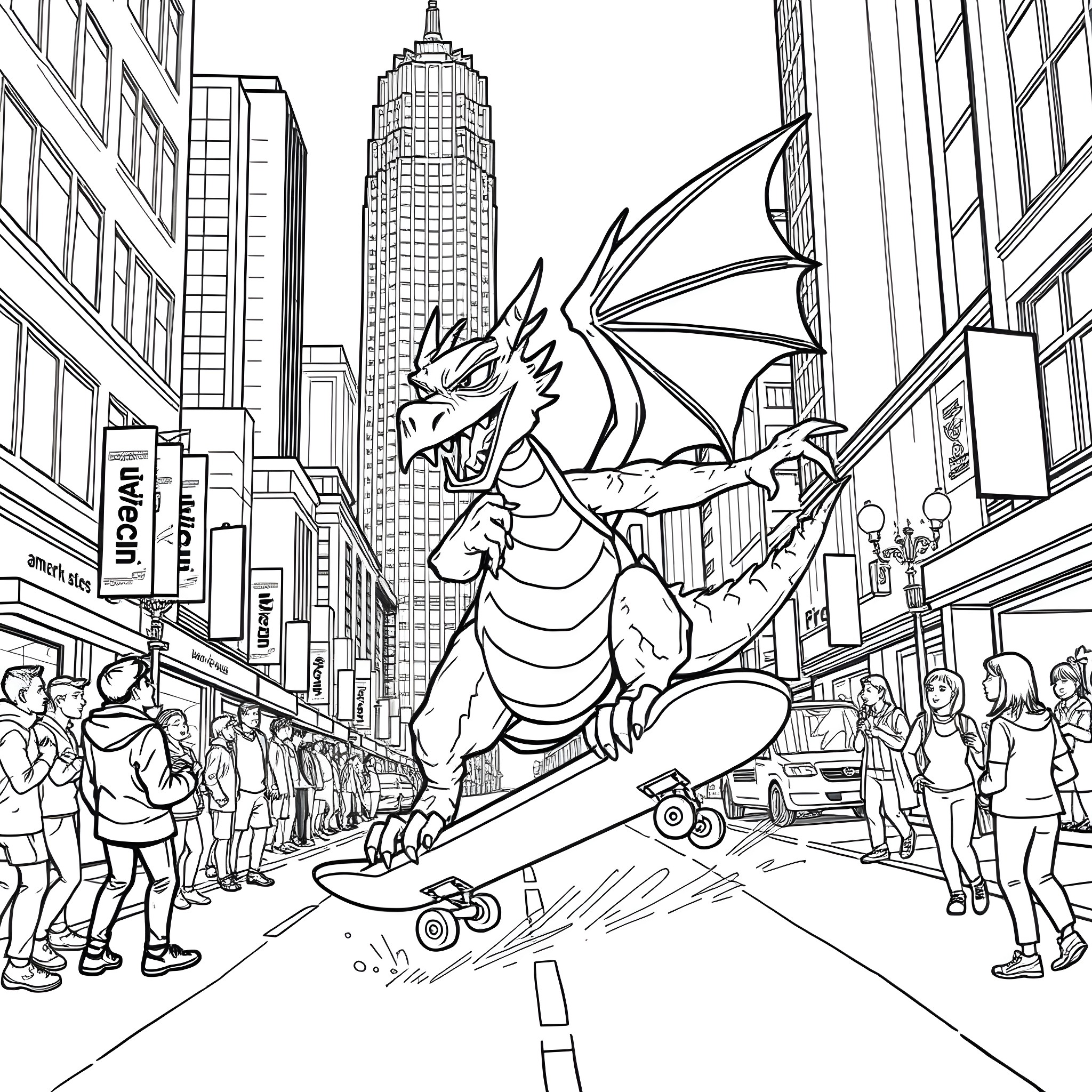Dragon Rampaging Through the City on a Skateboard Coloring Page (free black-and-white line drawing printable PDF for all, from beginners to advanced learners, including children, teens, adults, and seniors)