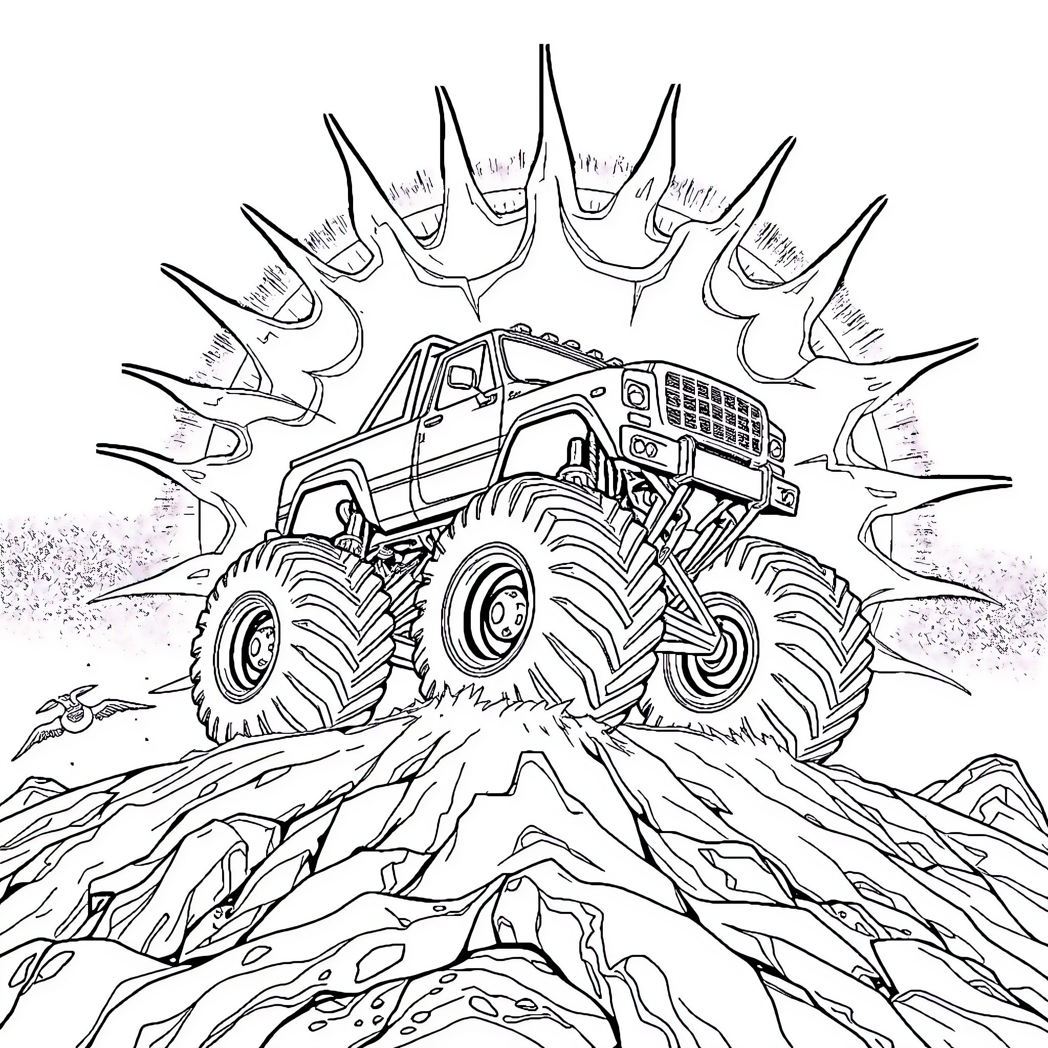 Monster Truck jumping over rugged terrain Coloring Page (free black-and-white line drawing printable PDF for all, from beginners to advanced learners, including children, teens, adults, and seniors)